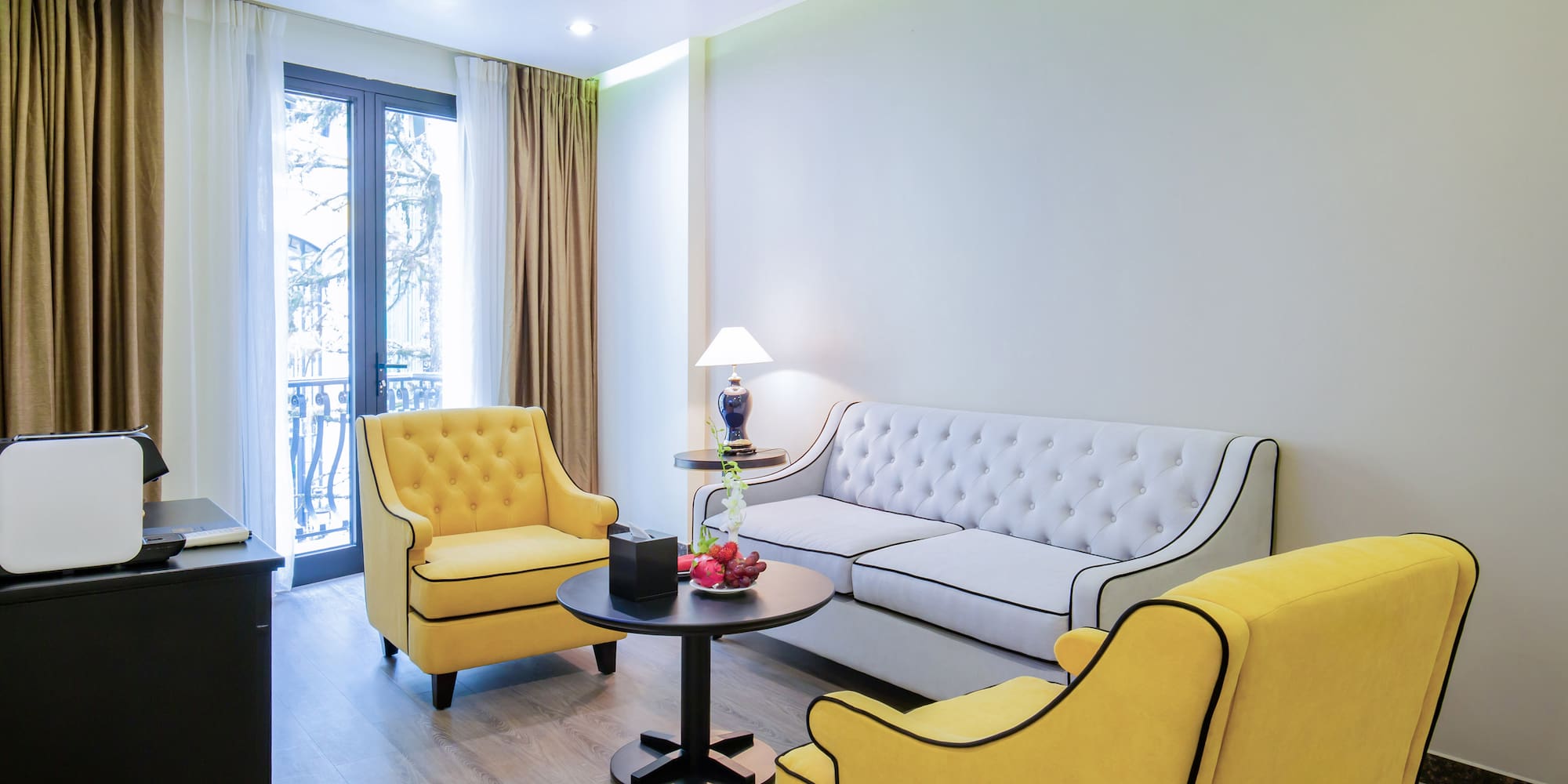 a room with a couch and a table