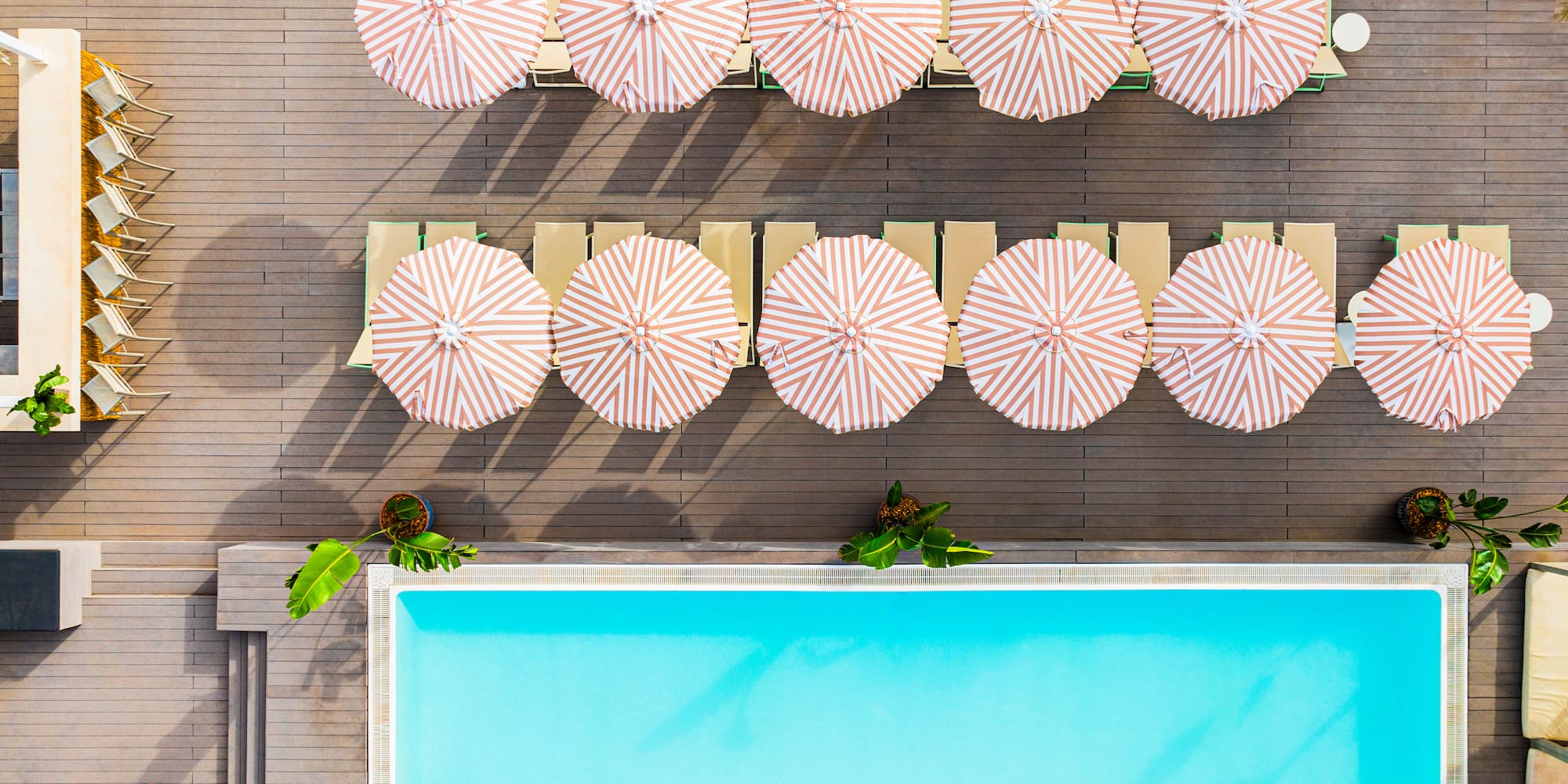 a pool with umbrellas and chairs
