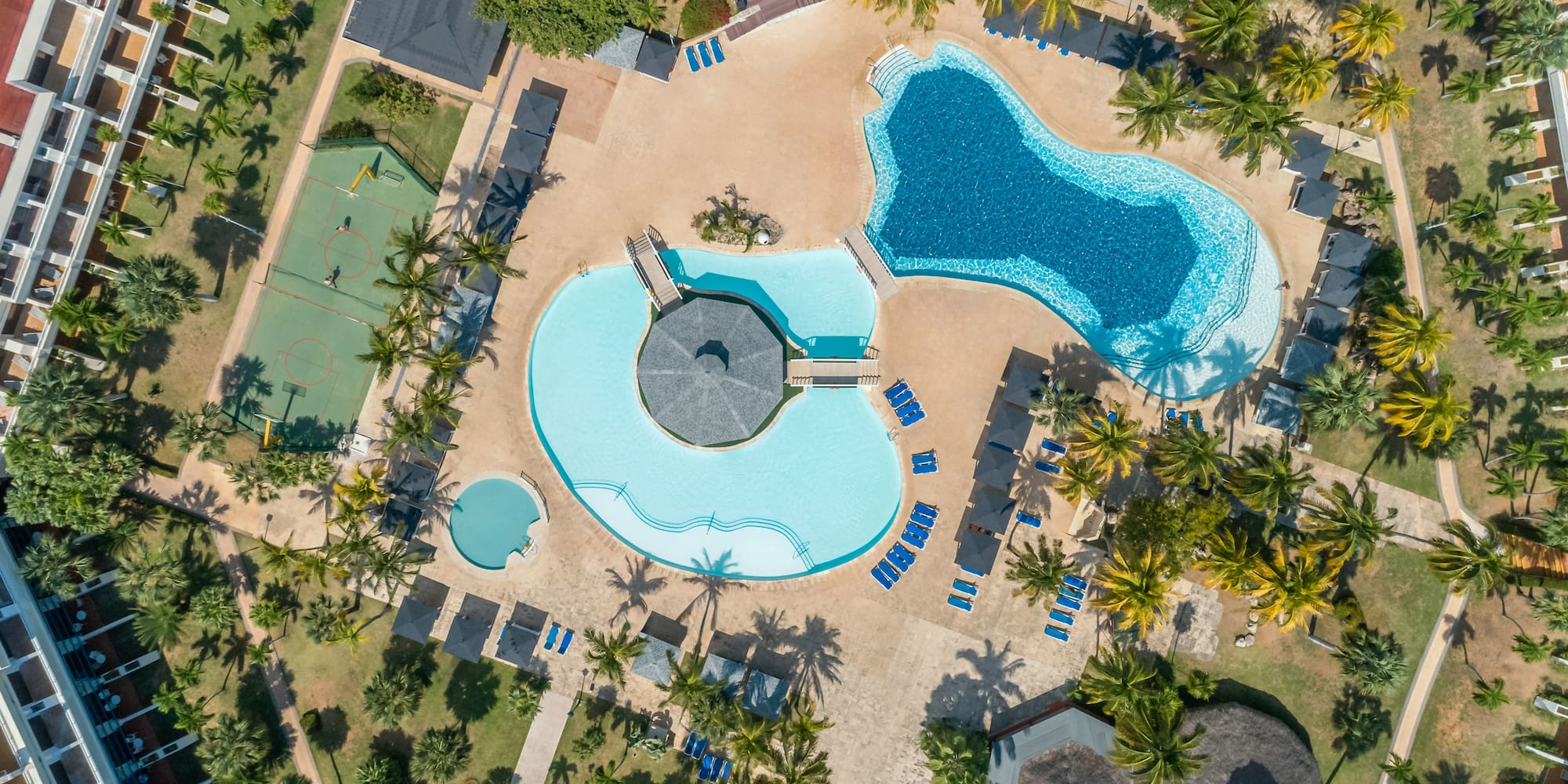 an aerial view of a resort with a pool and palm trees