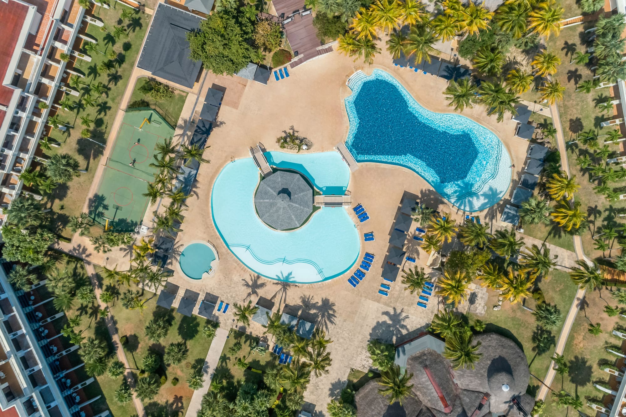 an aerial view of a resort with a pool and palm trees
