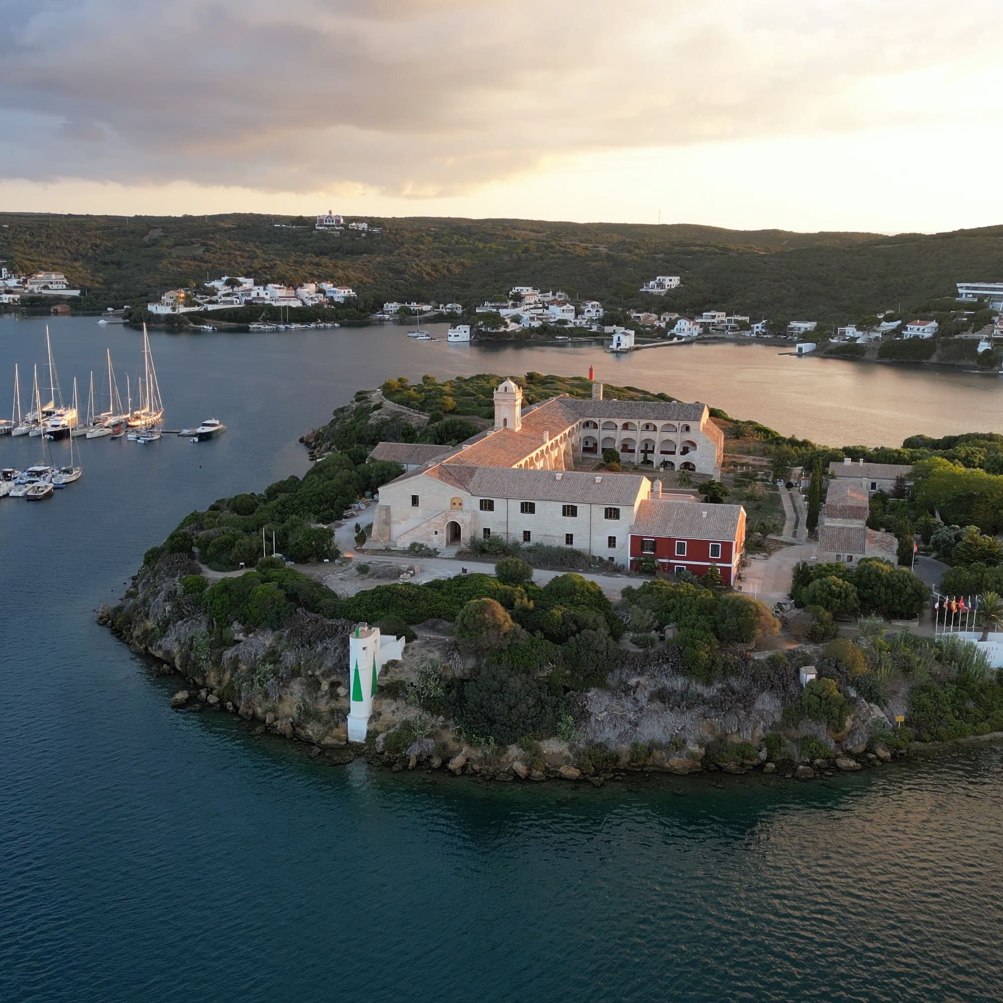 a building on an island surrounded by water