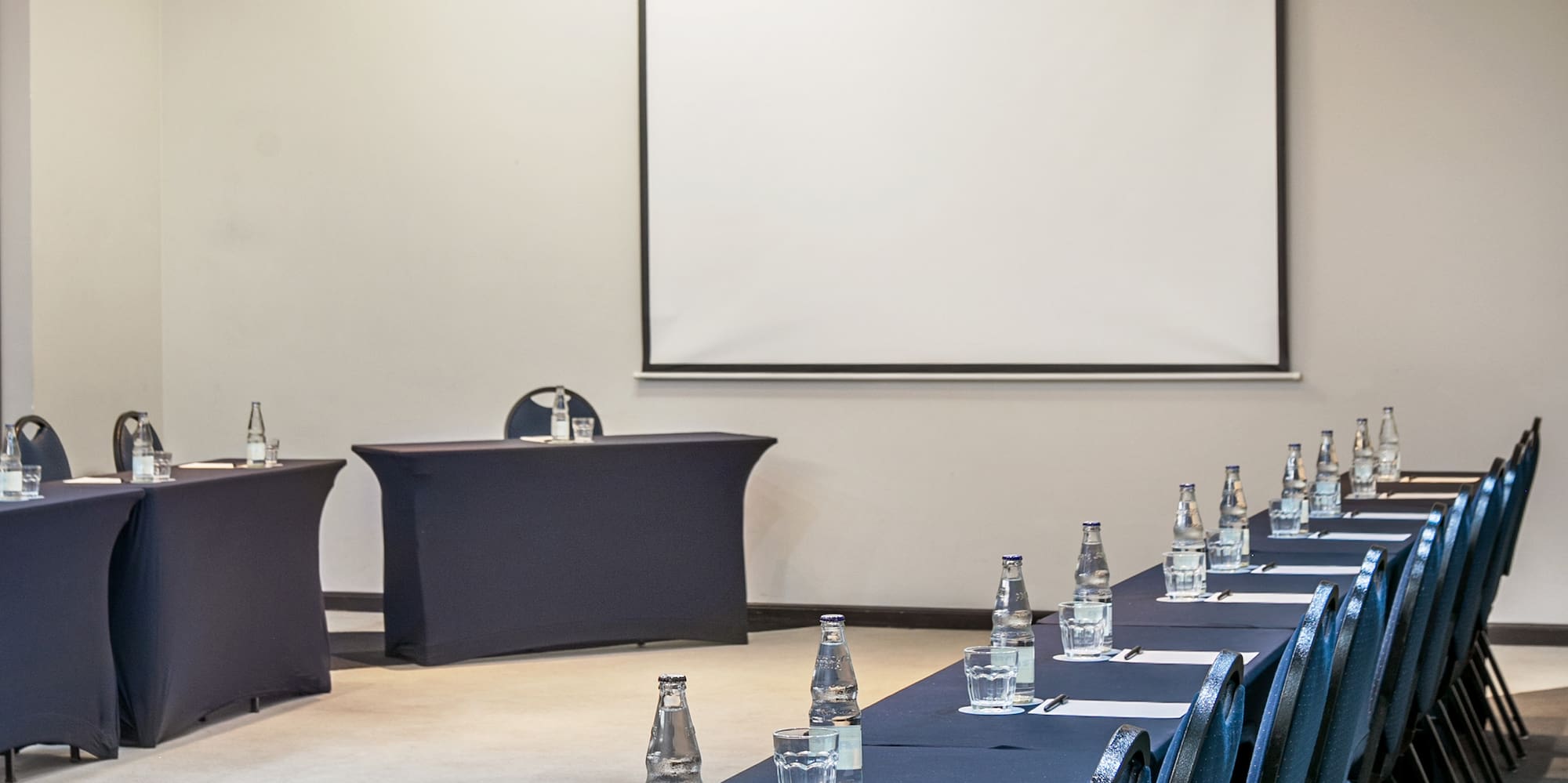 a room with a long table and chairs