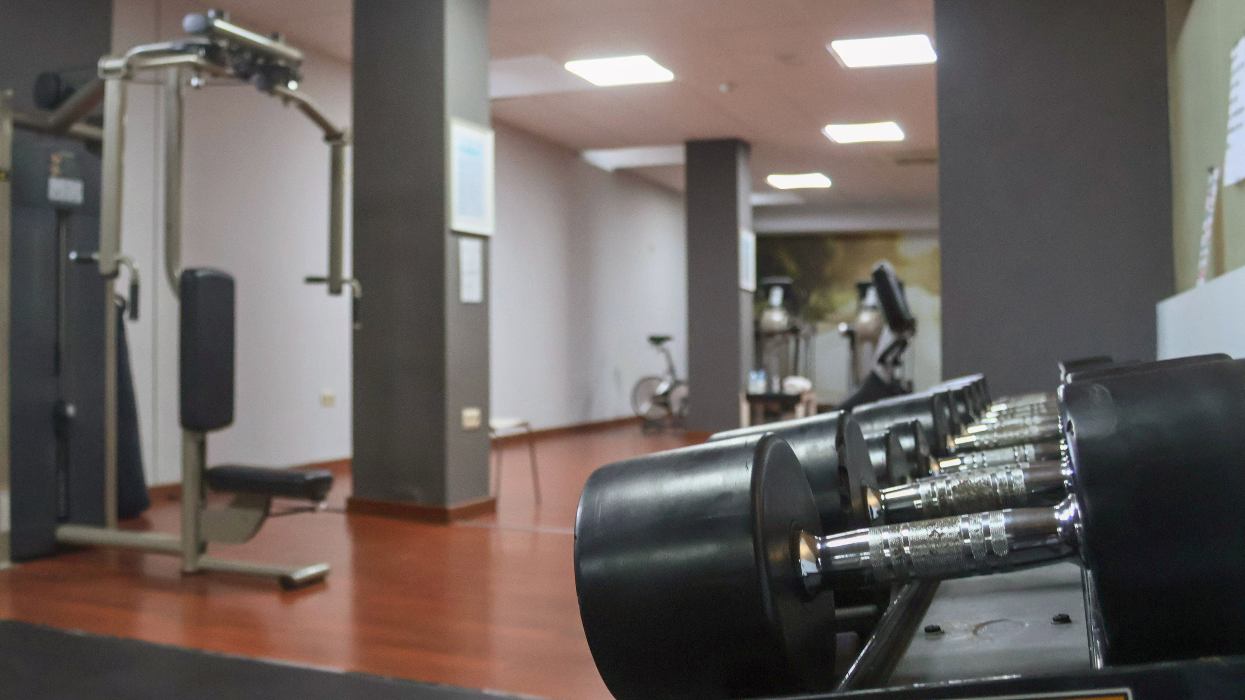 Dumbbells on a rack in a well-lit gym with various workout machines.