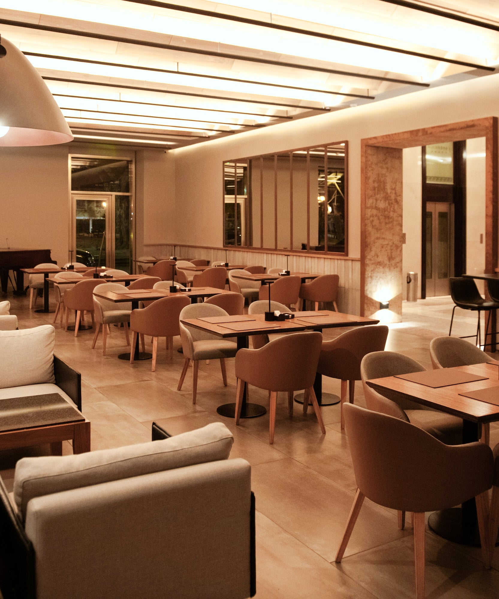 a room with tables and chairs