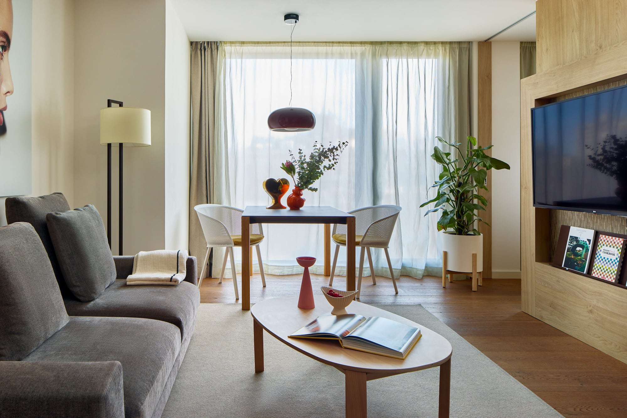 a living room with a couch and table