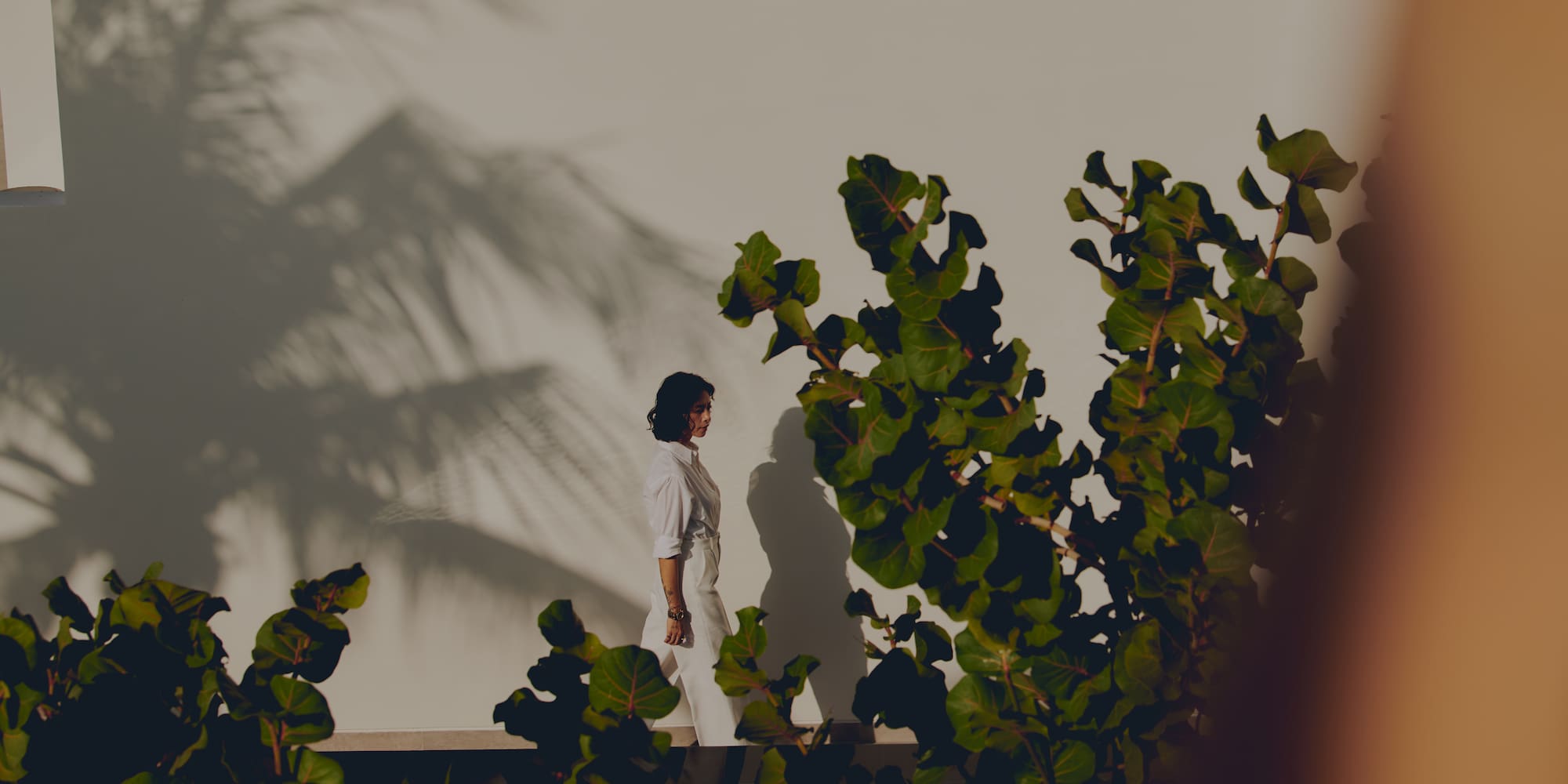 a woman standing on a ledge with leaves