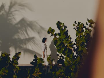 a woman standing on a ledge with leaves