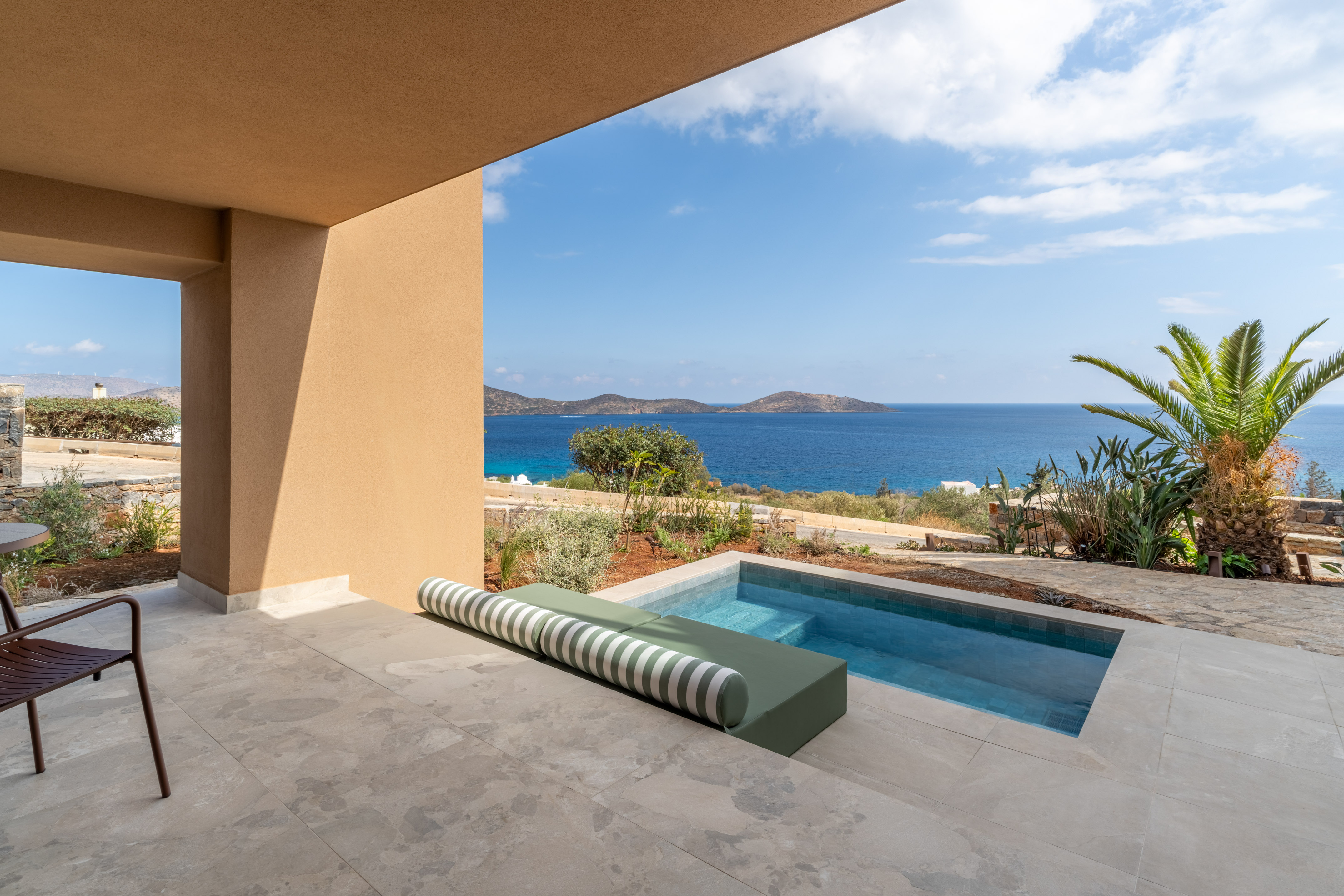 Plunge pool terrace with ocean view, palm tree, and luxury daybed.