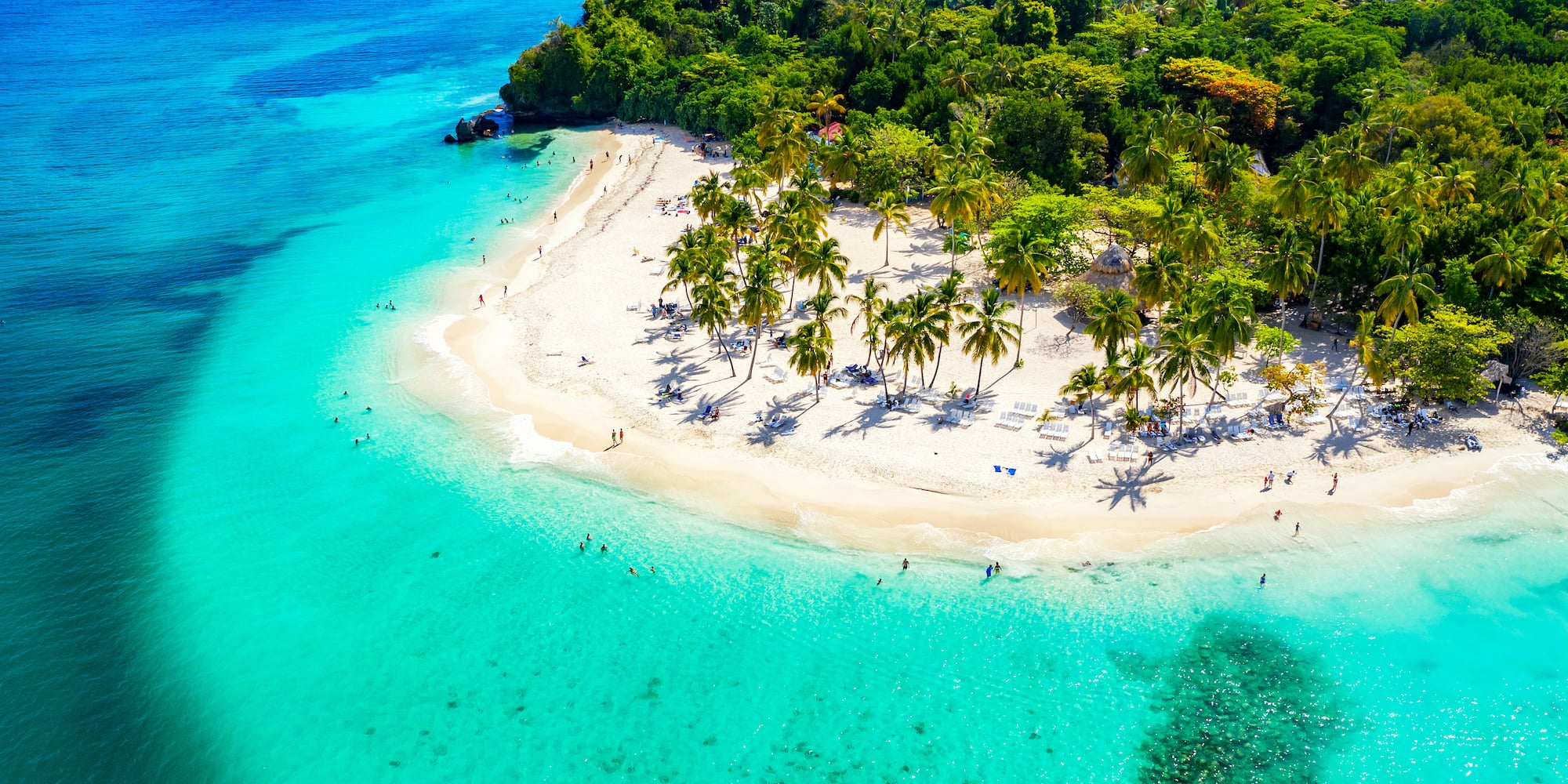 Vista aérea de playa caribeña con arena blanca, agua turquesa y palmeras.