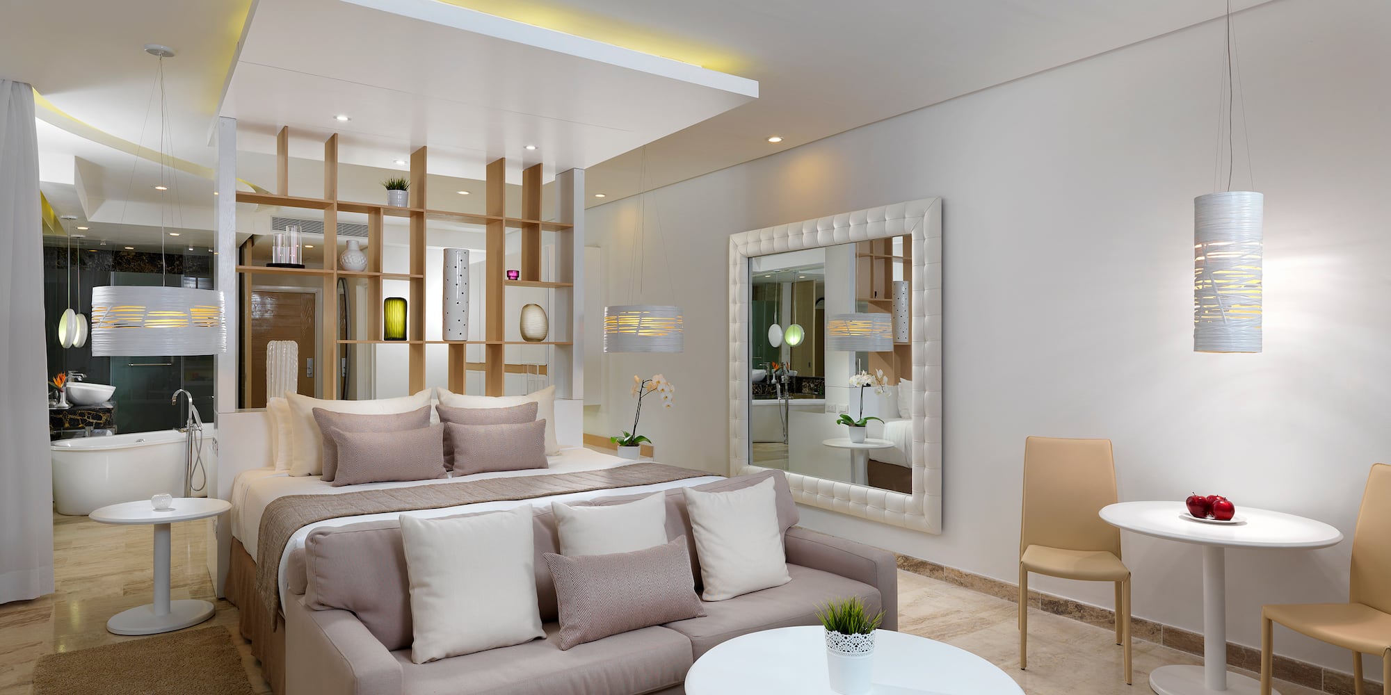 a room with a bed and a table