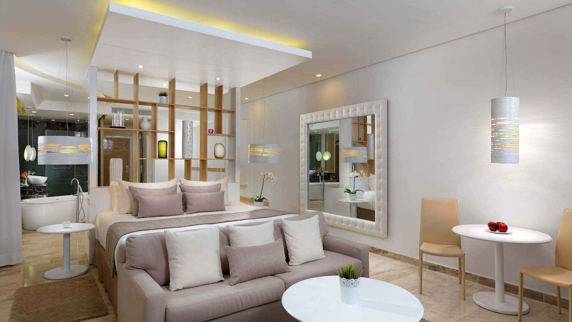 a room with a bed and a table