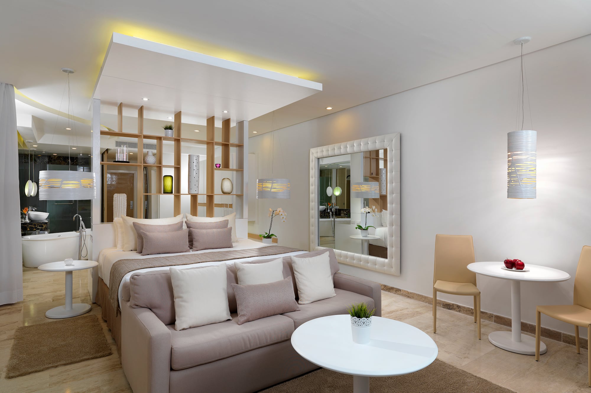 a room with a bed and a table