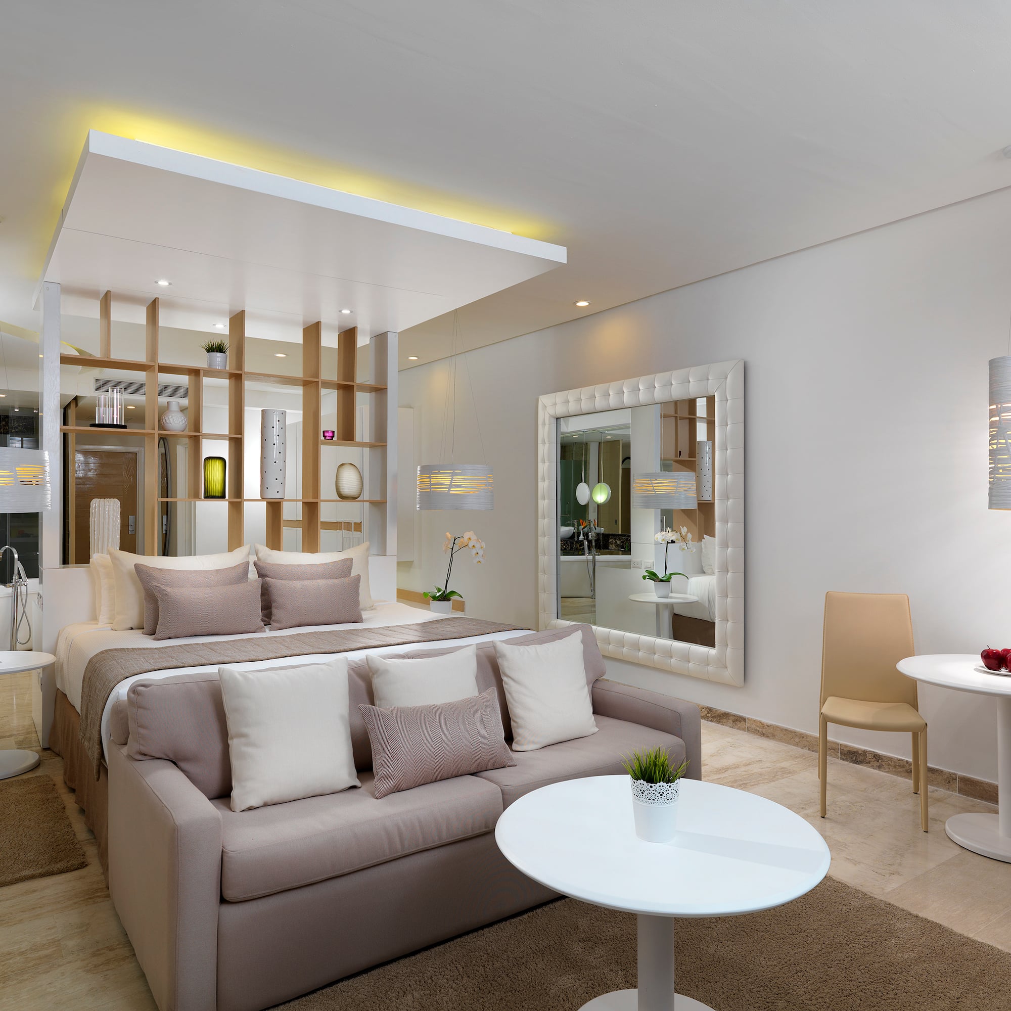 a room with a bed and a table