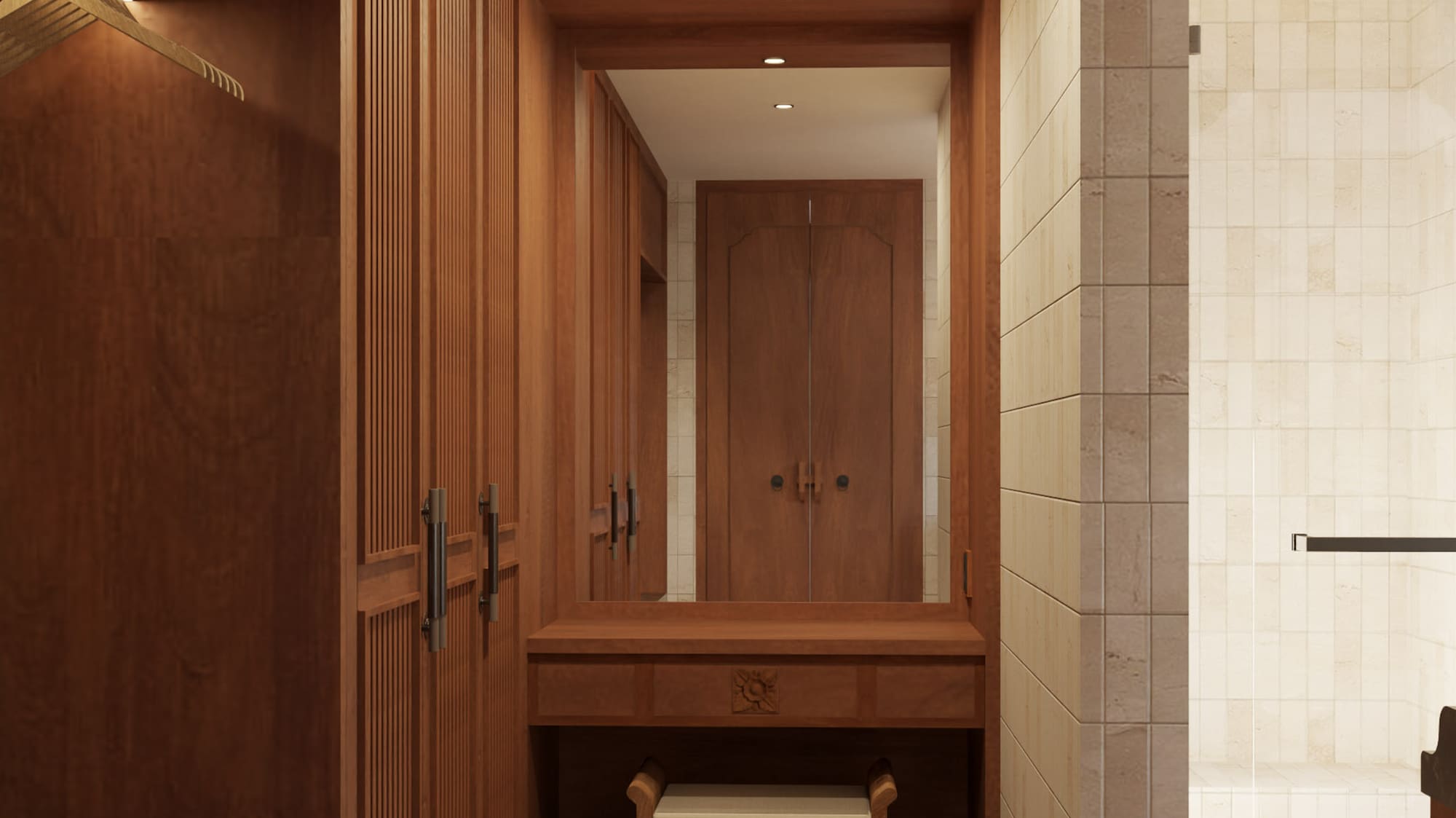 a bathroom with a mirror and a stool