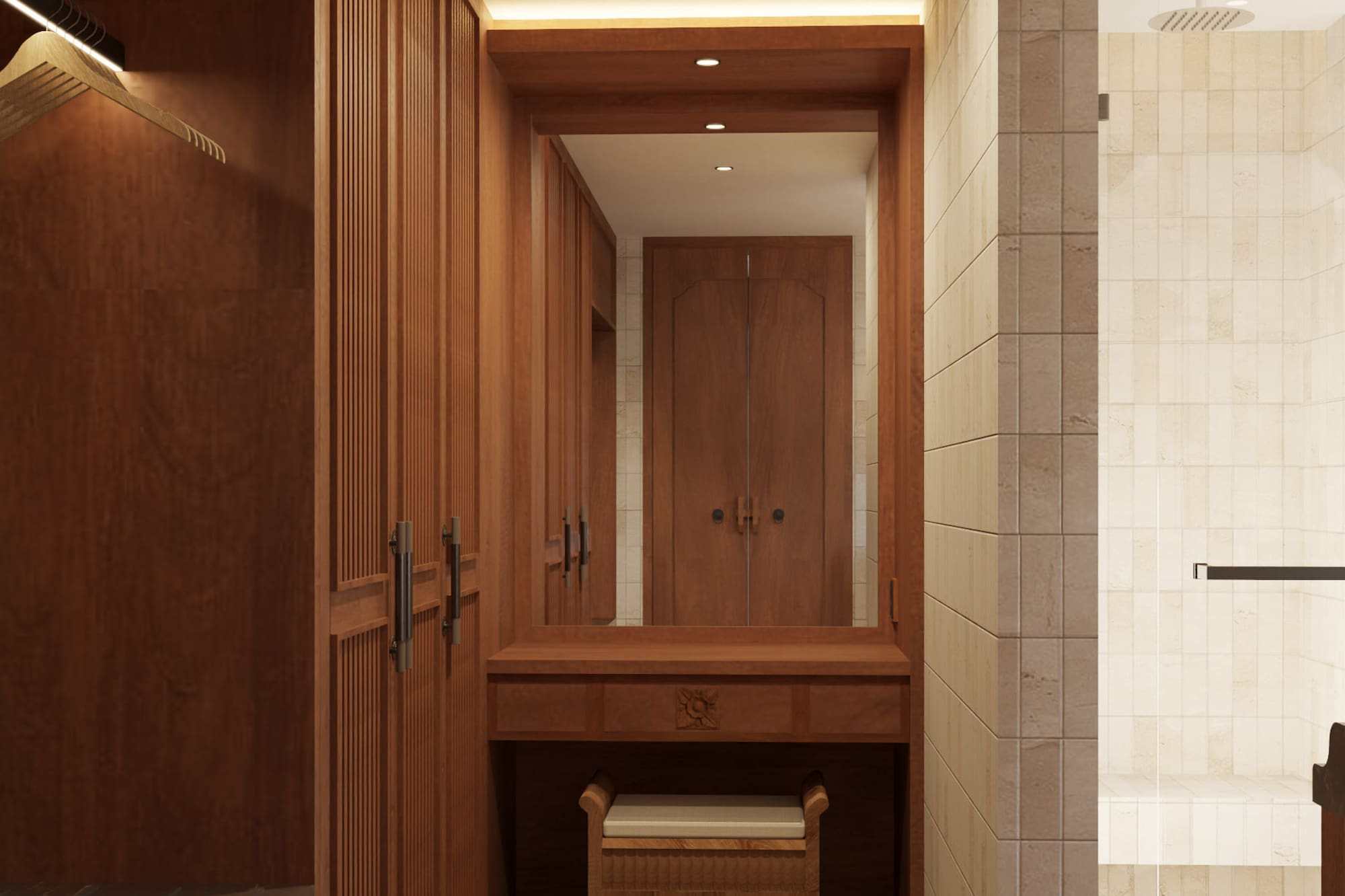 a bathroom with a mirror and a stool