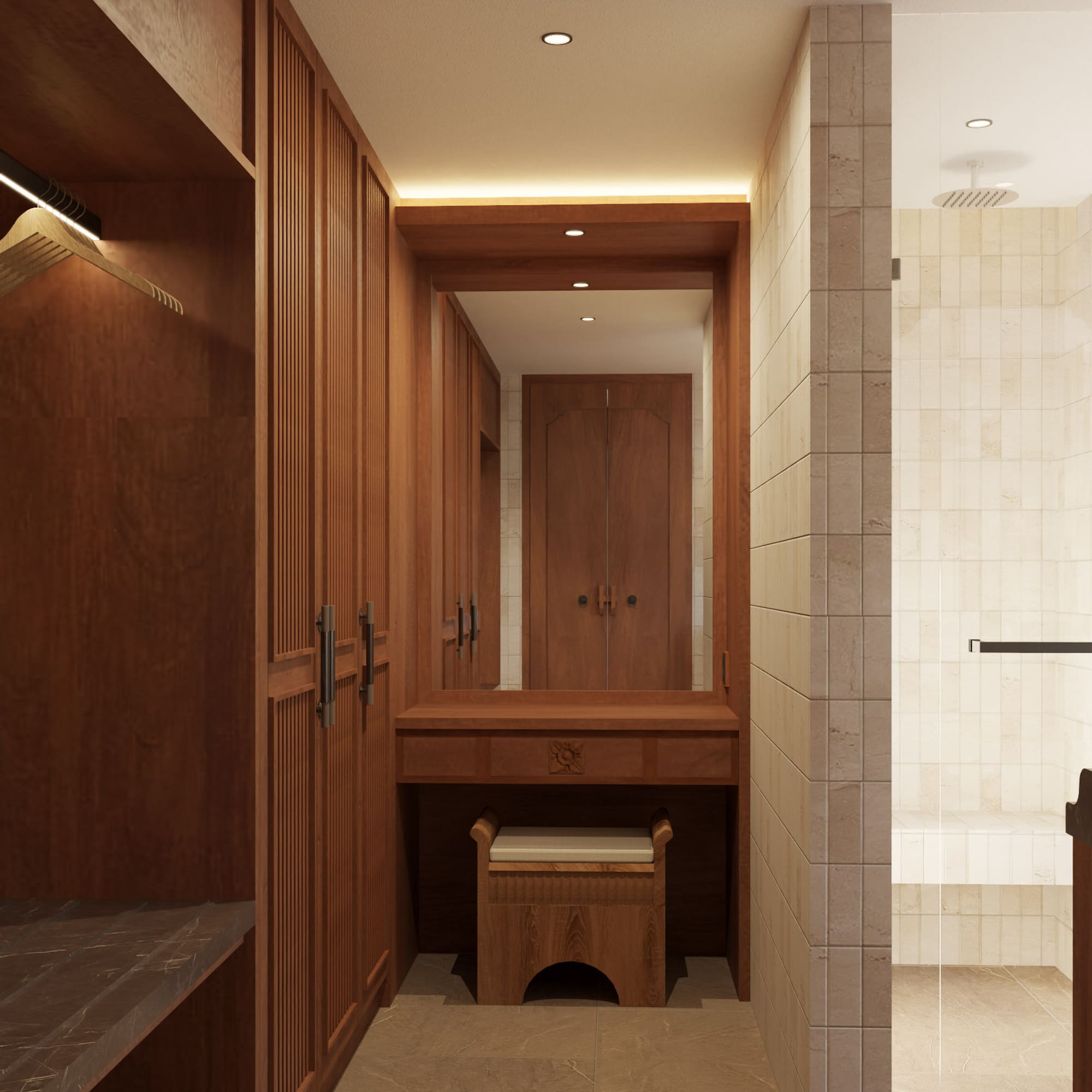 a bathroom with a mirror and a stool