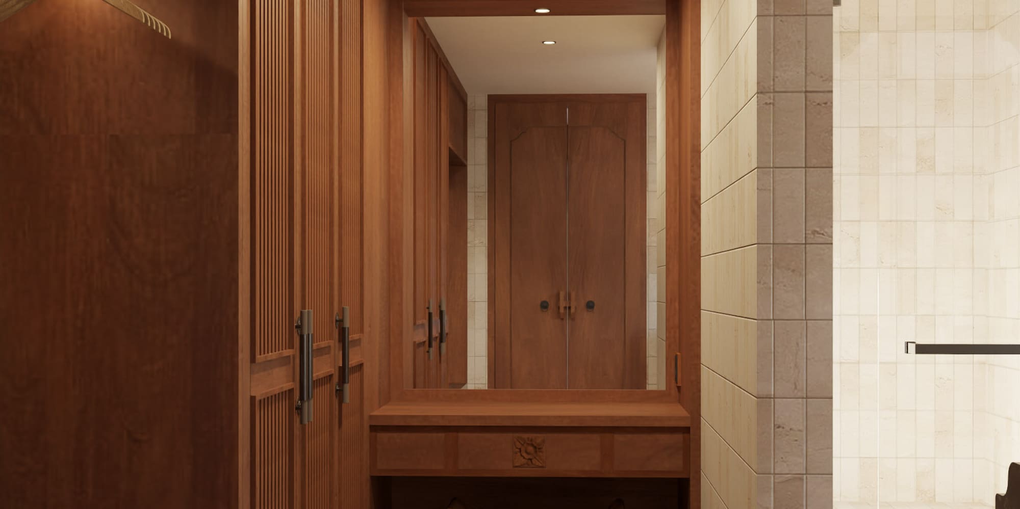 a bathroom with a mirror and a stool