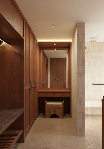 a bathroom with a mirror and a stool