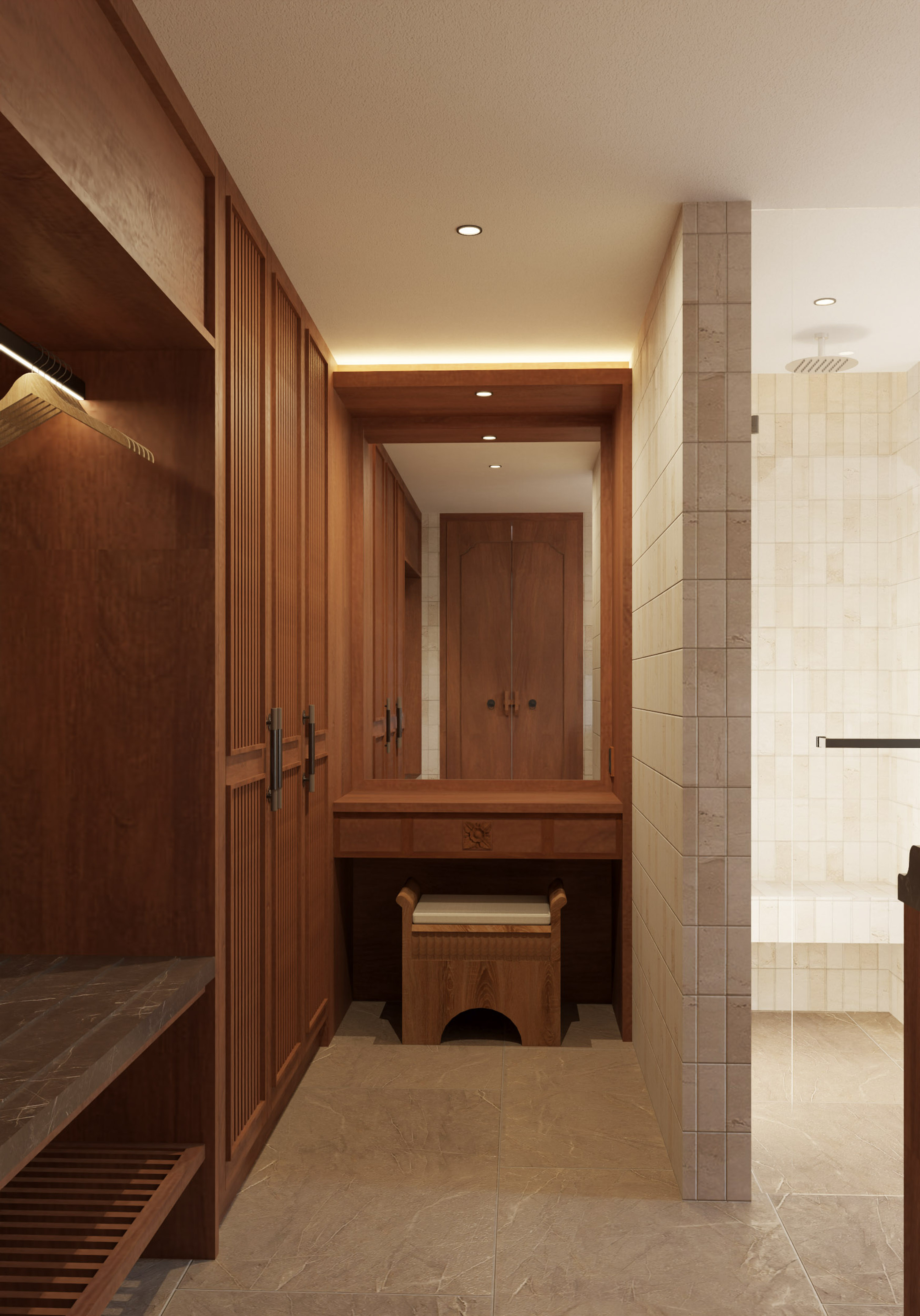 a bathroom with a mirror and a stool