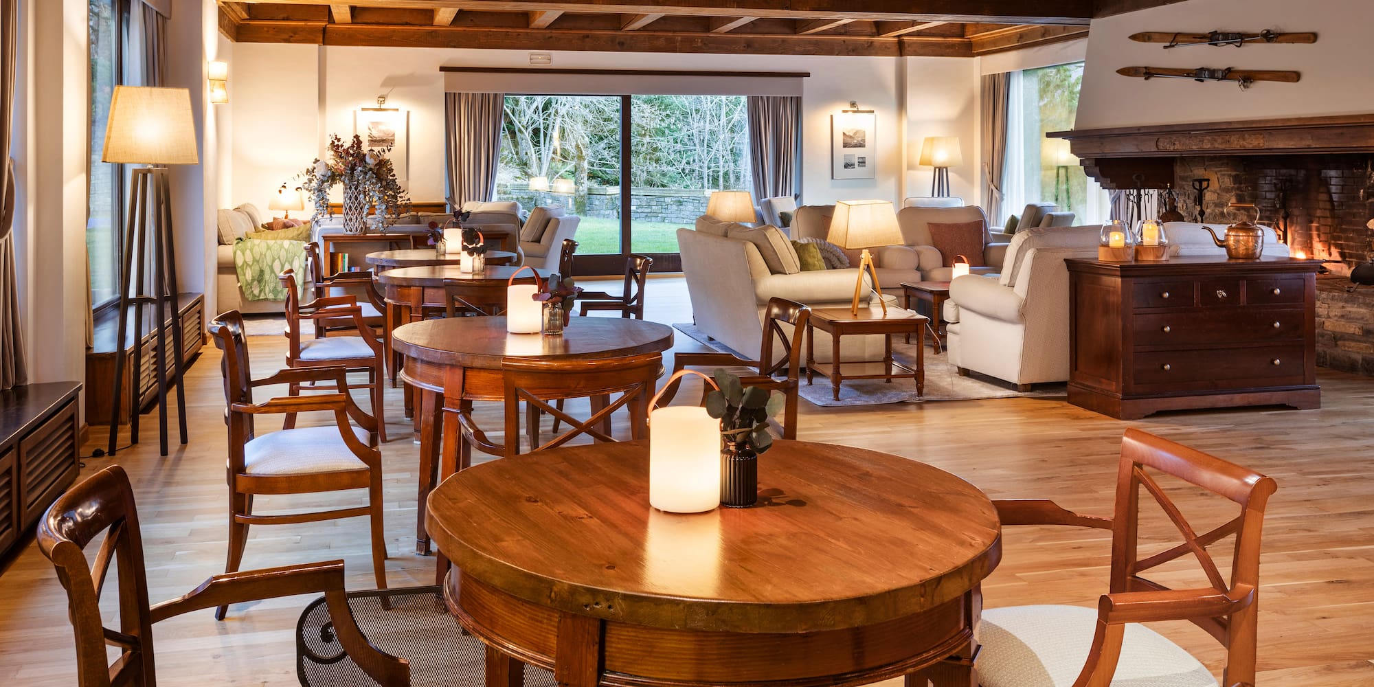 a room with tables and chairs