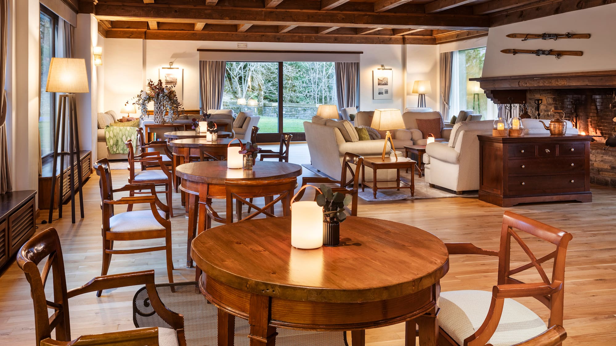 a room with tables and chairs