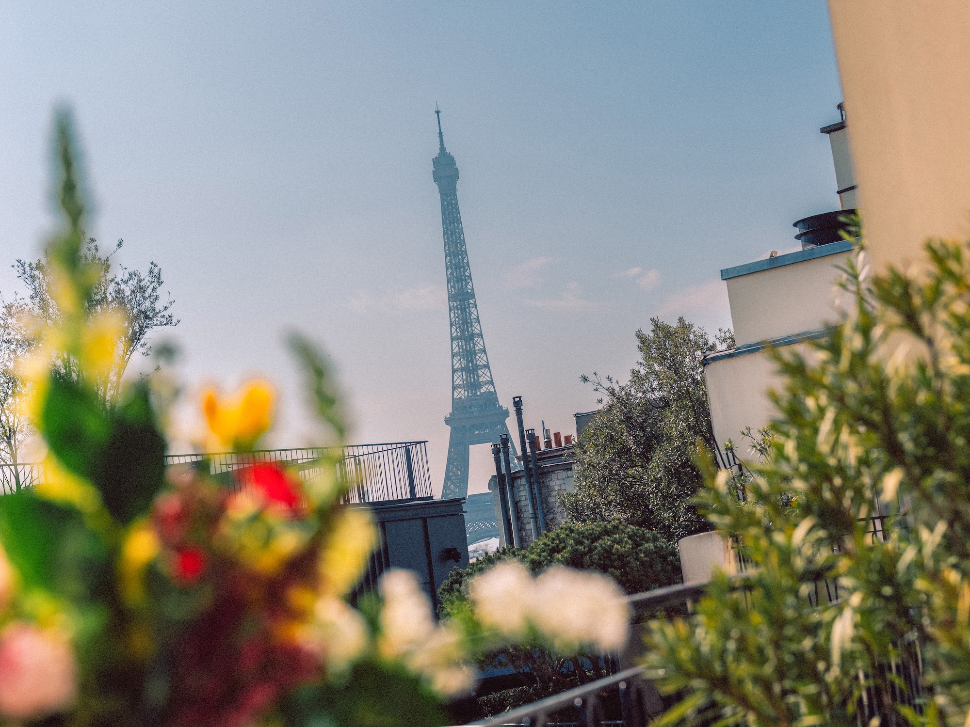 Eiffel Tower view from a Parisian balcony with blurred colorful flowers.