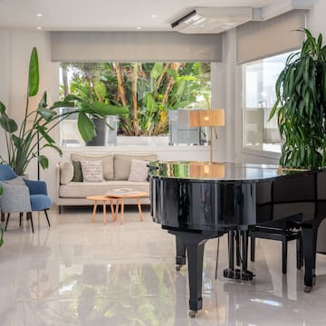 a room with a piano and plants