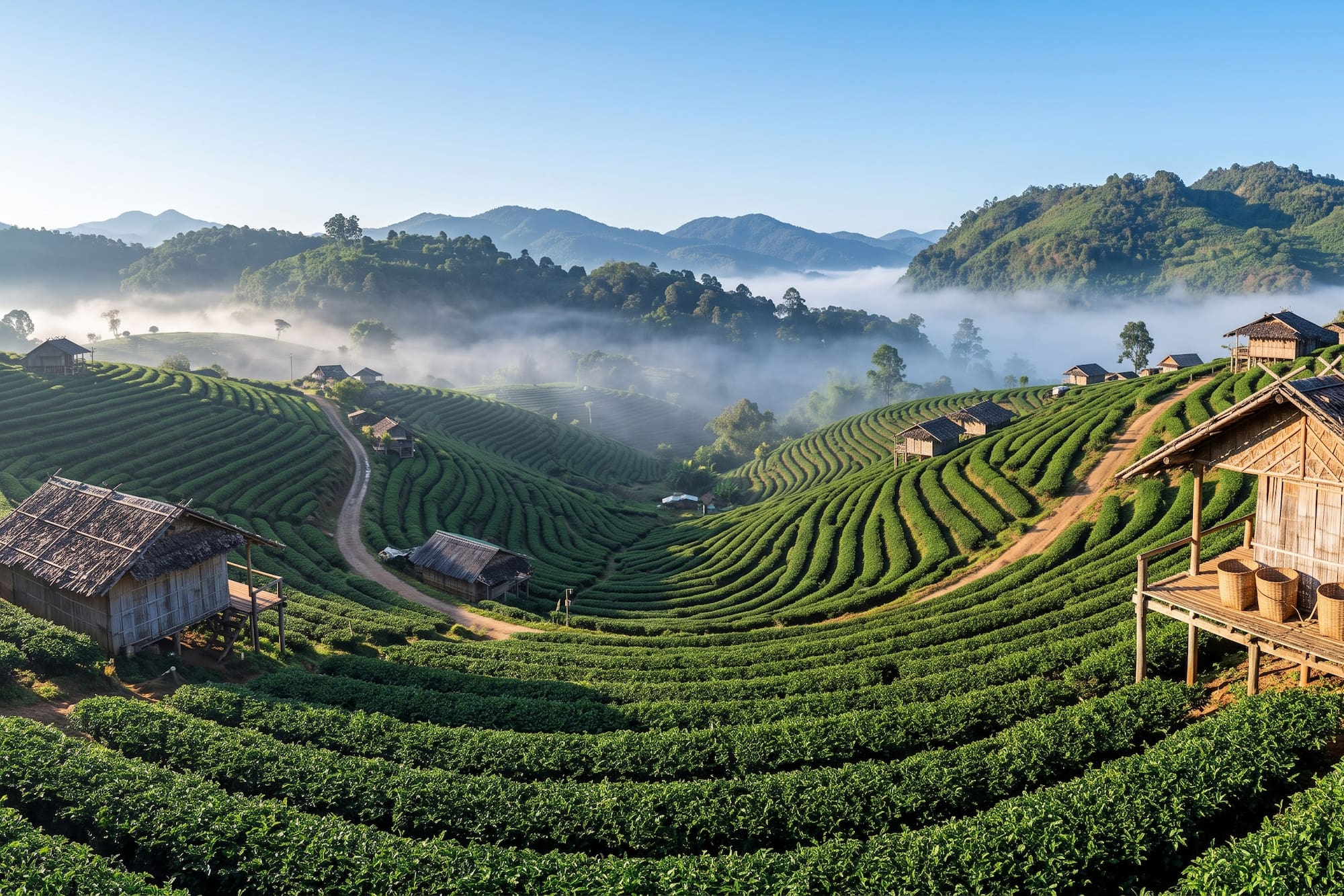 Sunrise over terraced tea fields, bamboo huts, and misty mountains.