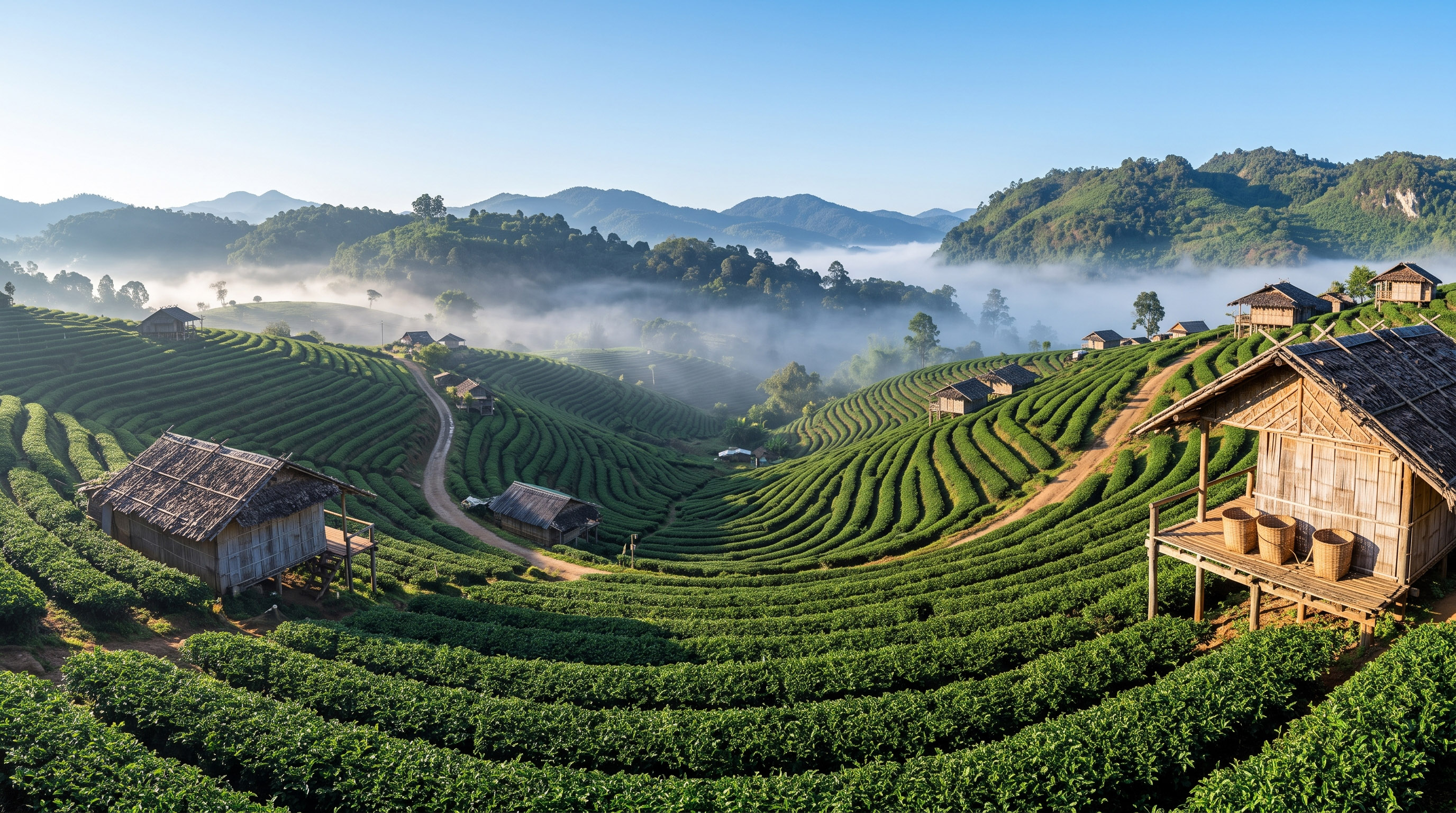 Sunrise over terraced tea fields, bamboo huts, and misty mountains.