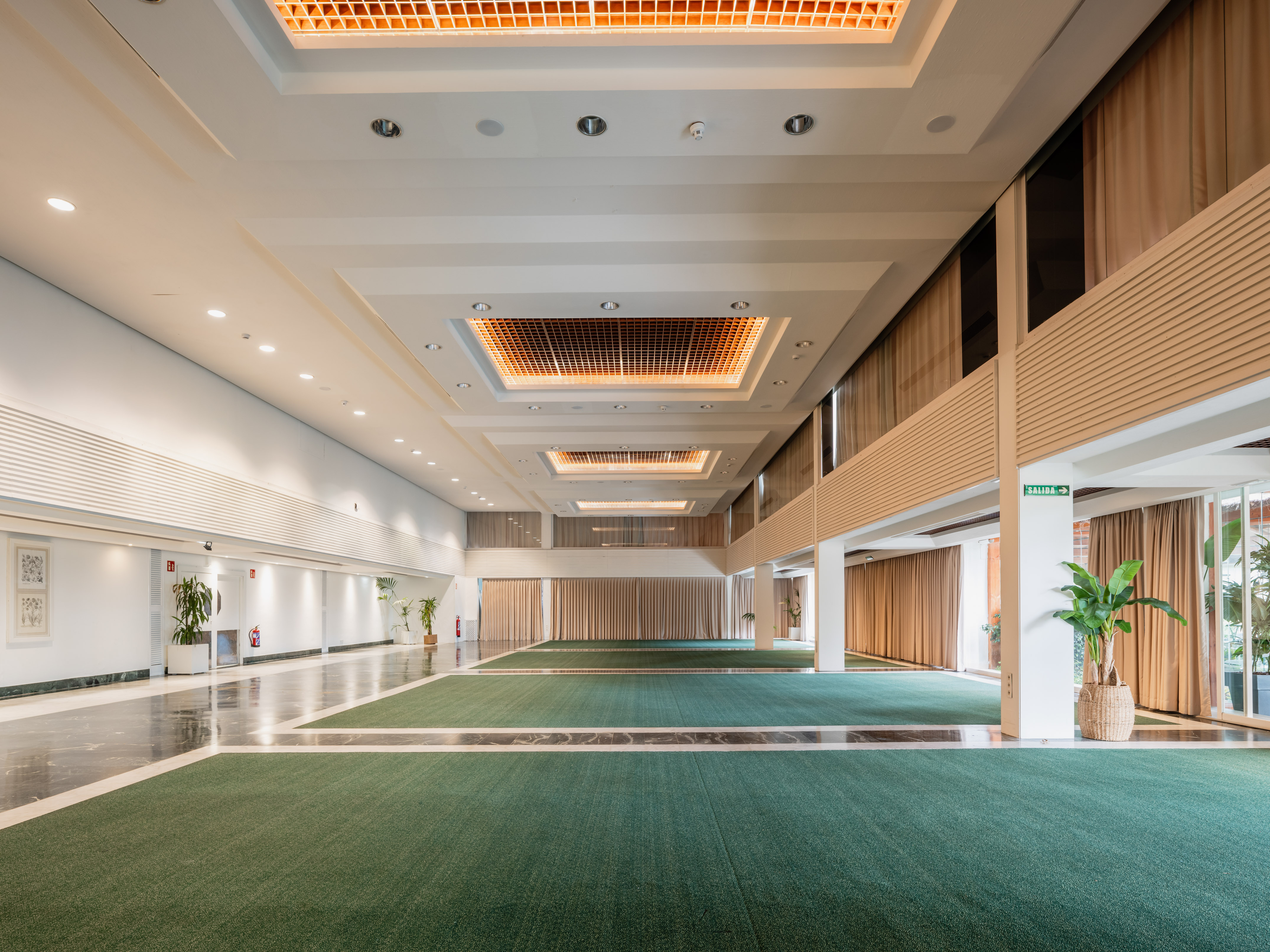 Empty modern event space with green carpet and illuminated grid ceiling.