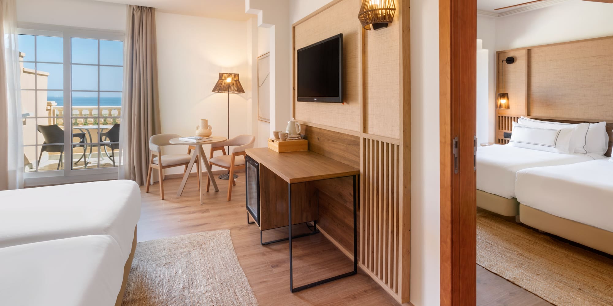 a room with a tv and a table