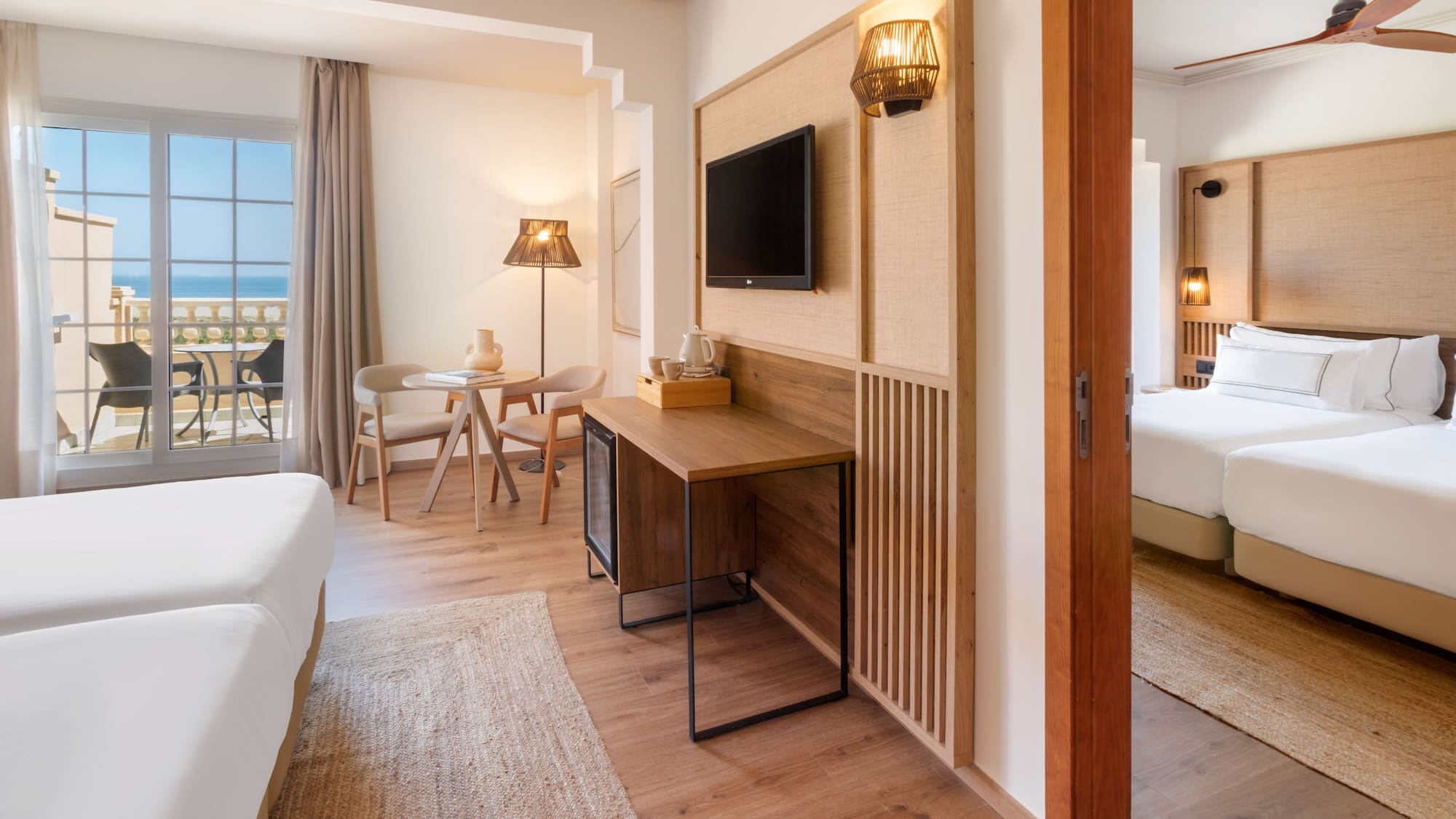 a room with a tv and a table