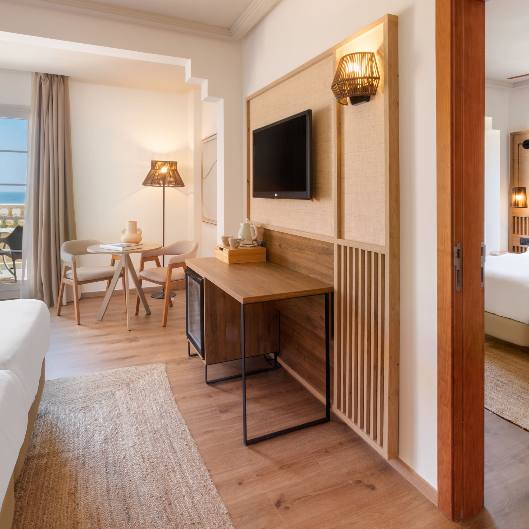 a room with a tv and a table