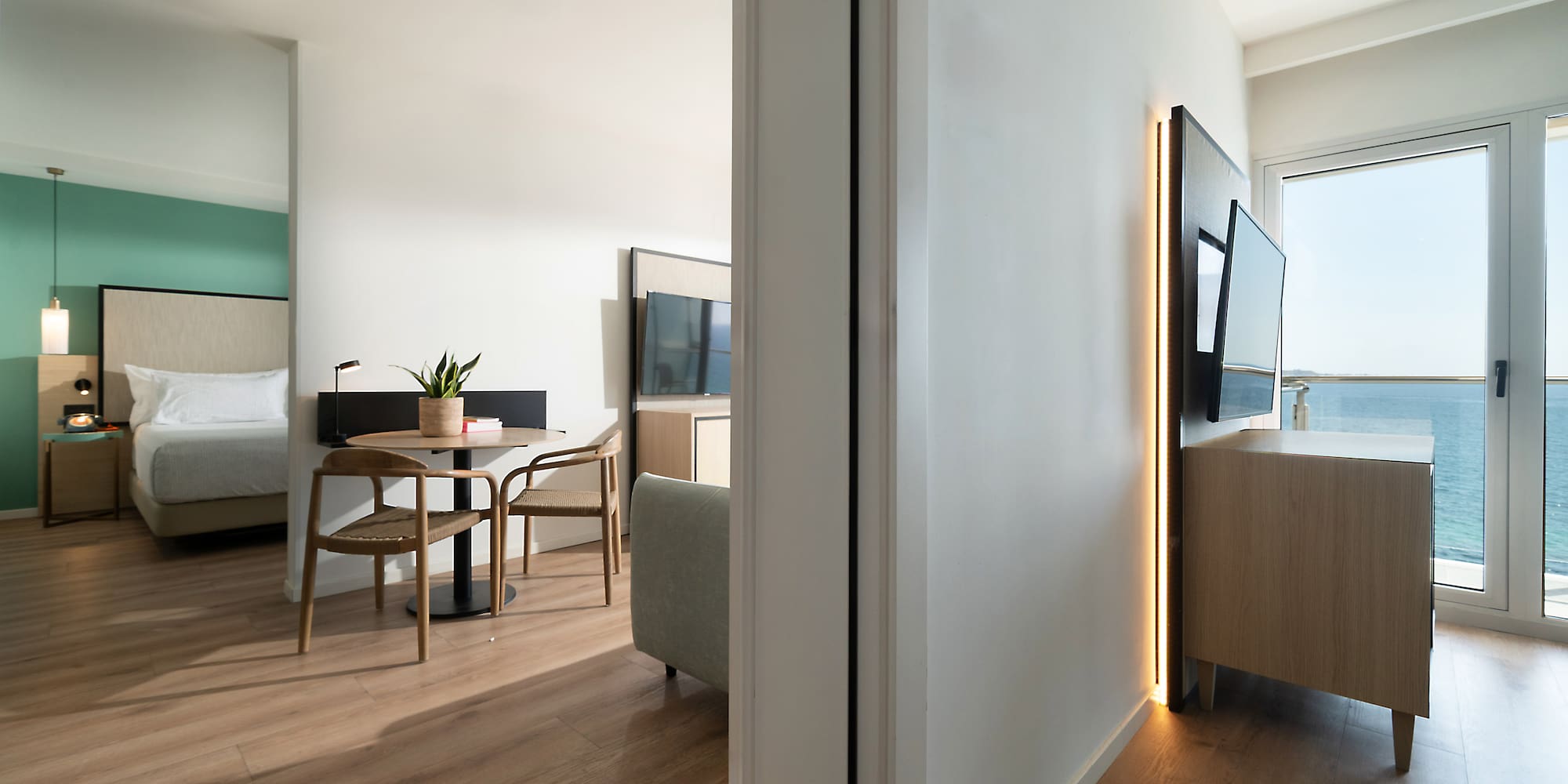 a room with a tv and a table