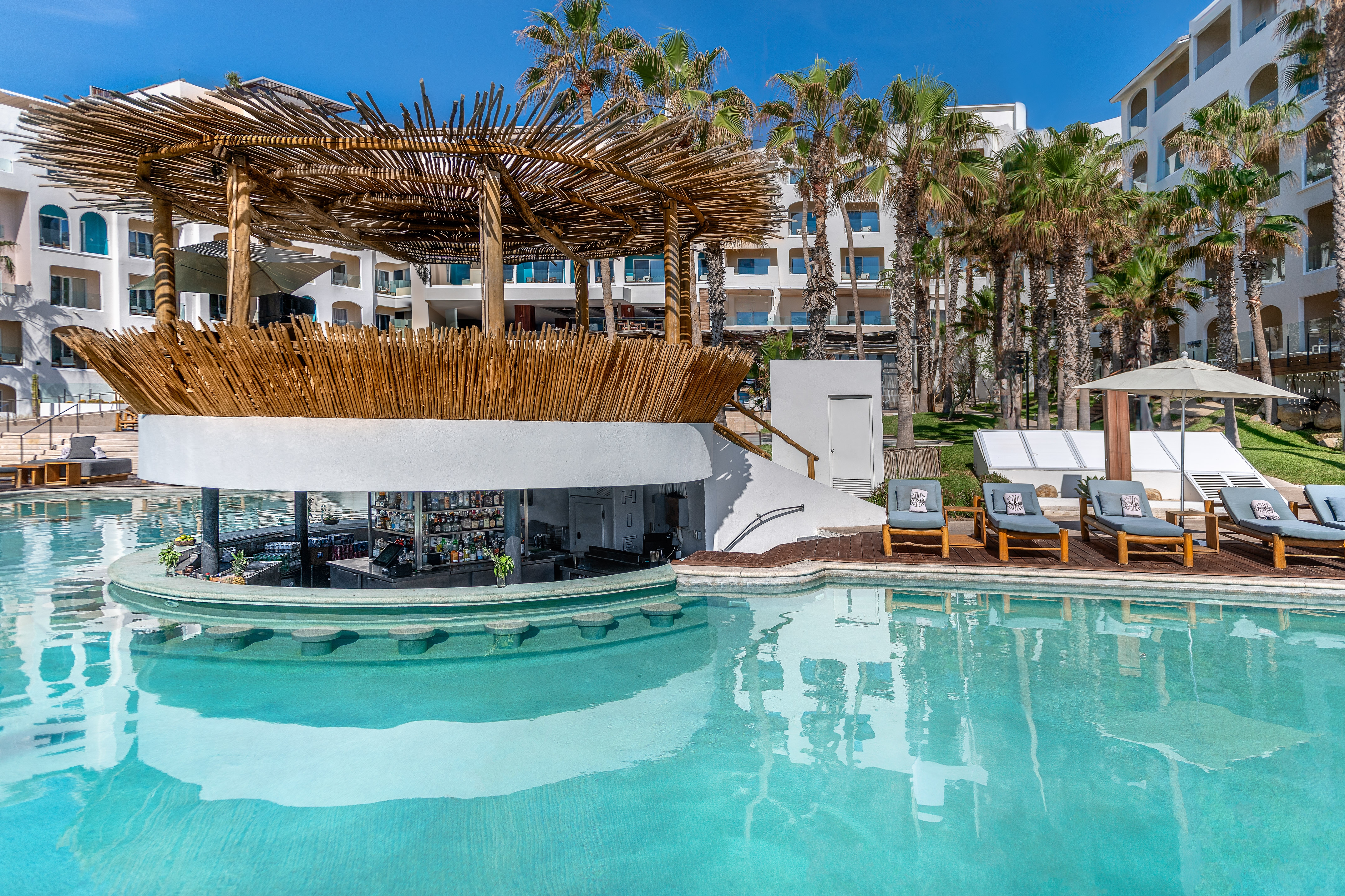 Luxury hotel pool with a thatched swim-up bar, palm trees.
