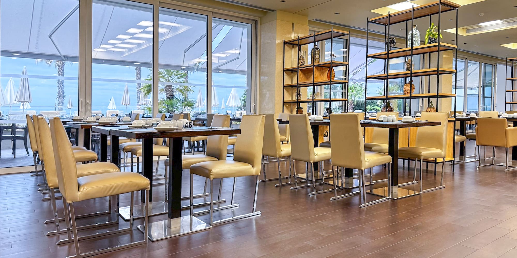 a room with tables and chairs