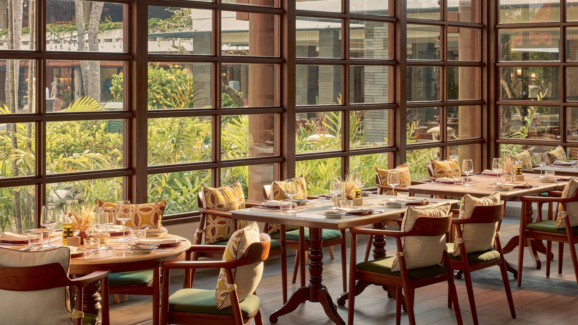 a room with tables and chairs