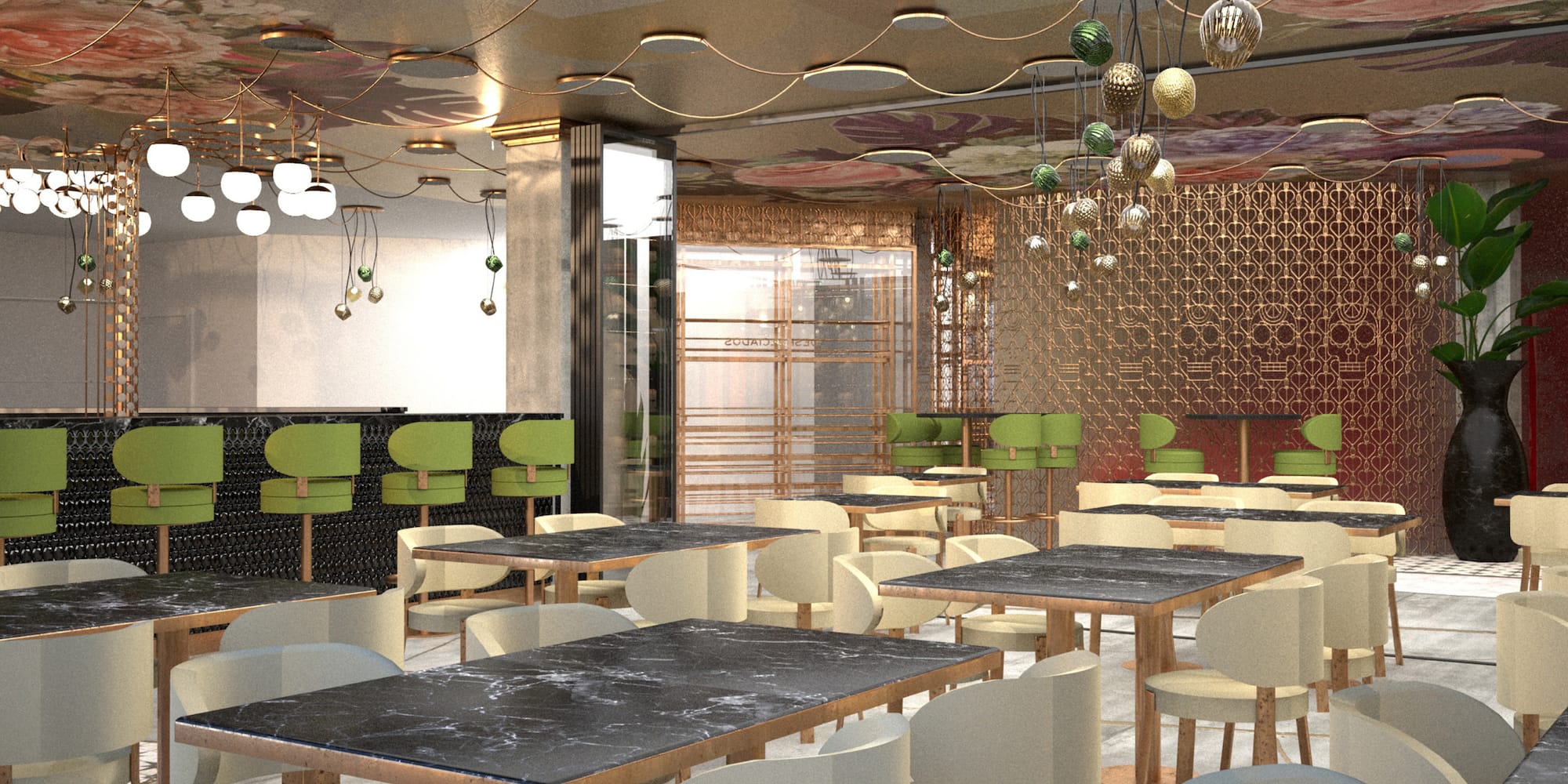 a room with tables and chairs