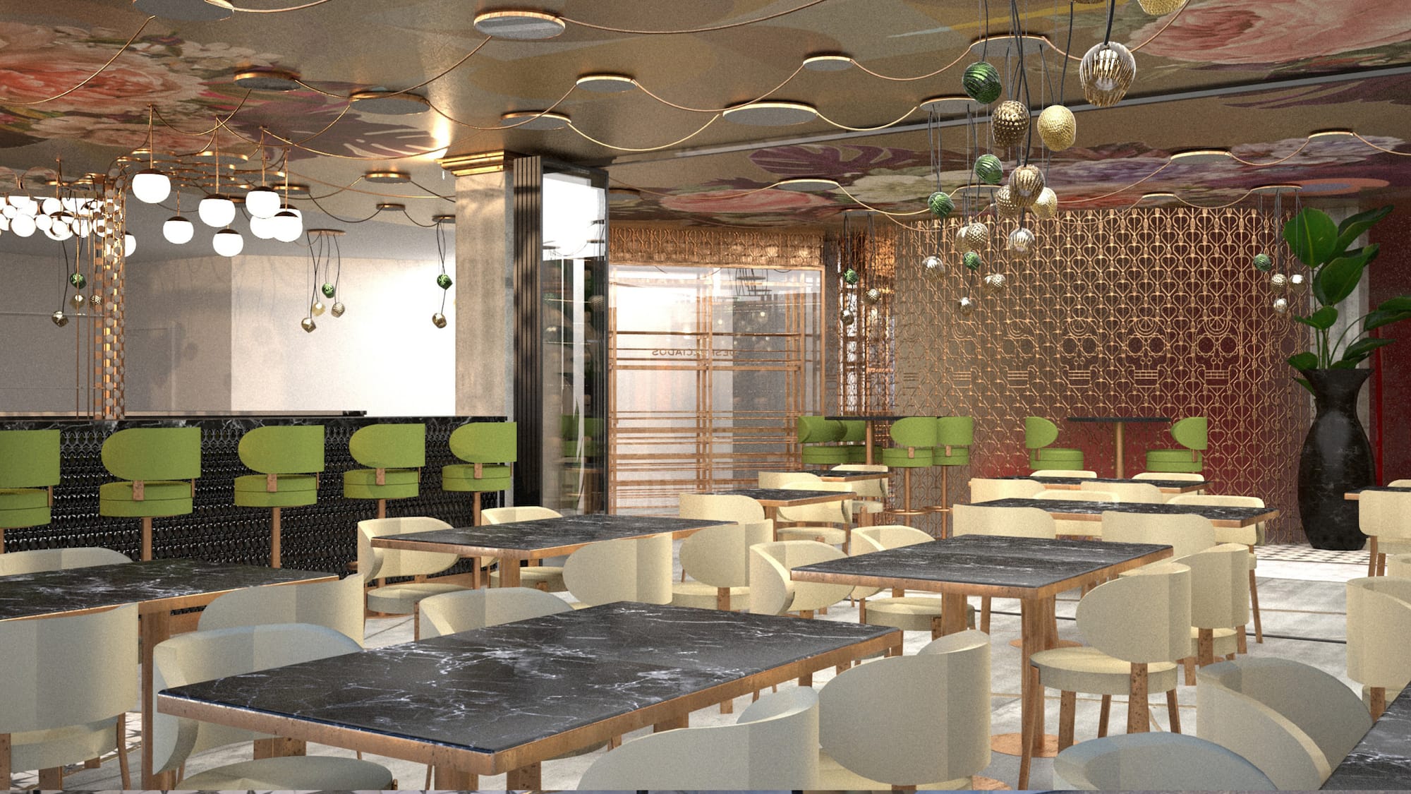 a room with tables and chairs