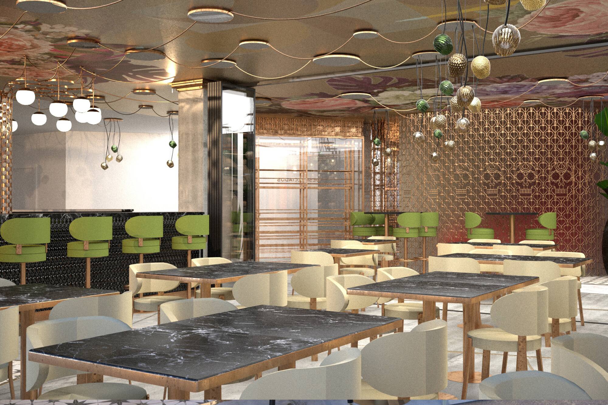Modern restaurant interior: floral ceiling, green bar, marble tables, gold accents.