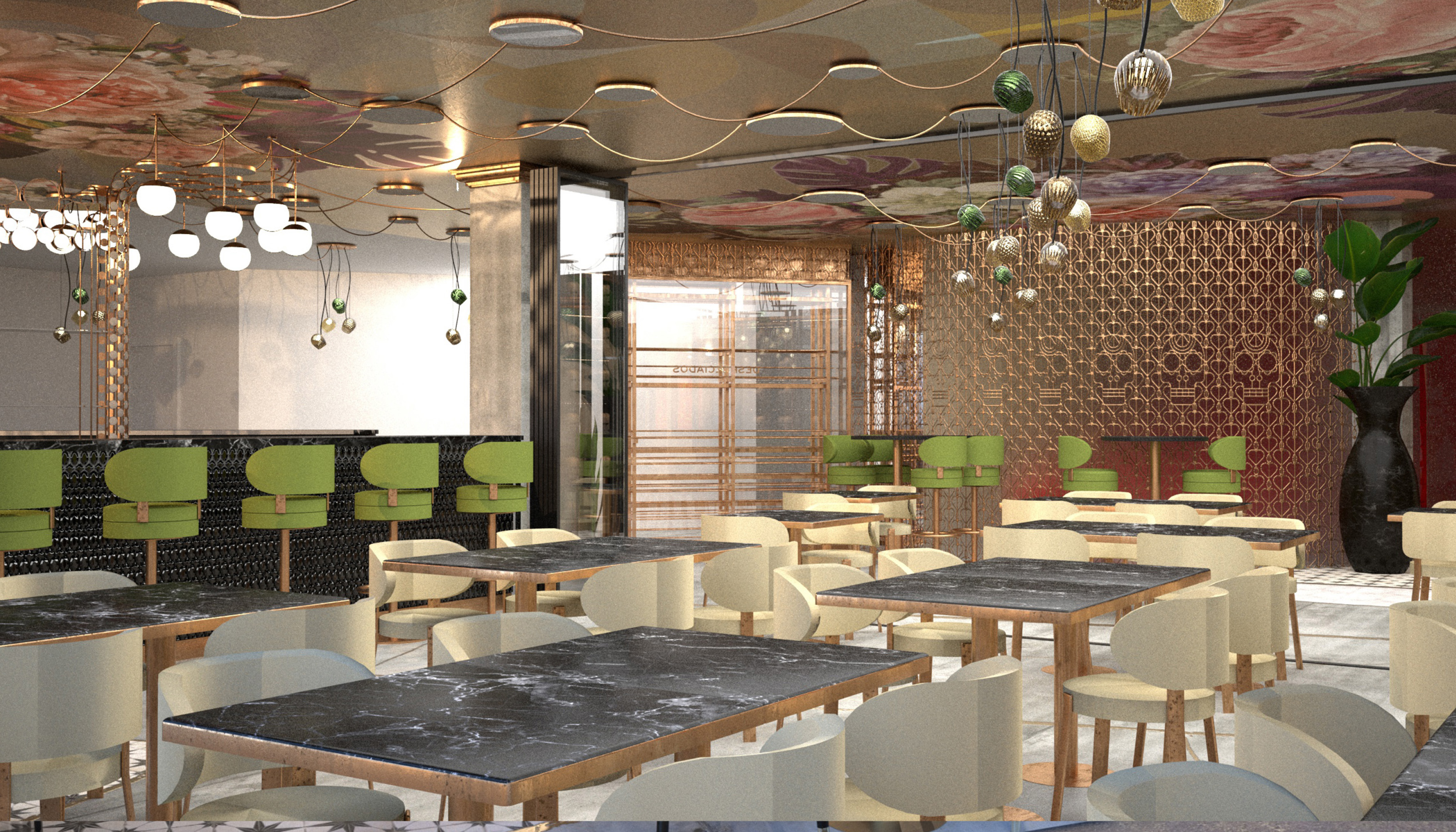 Modern restaurant interior: floral ceiling, green bar, marble tables, gold accents.