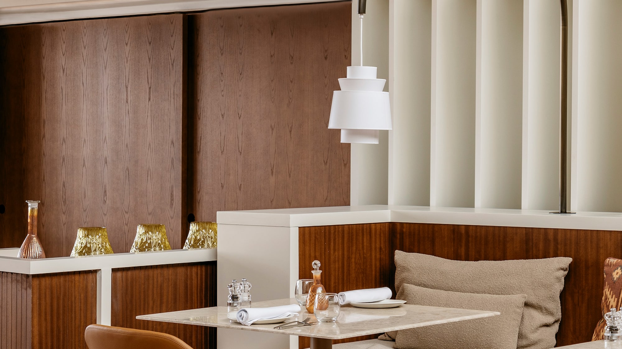 a table and chairs in a restaurant