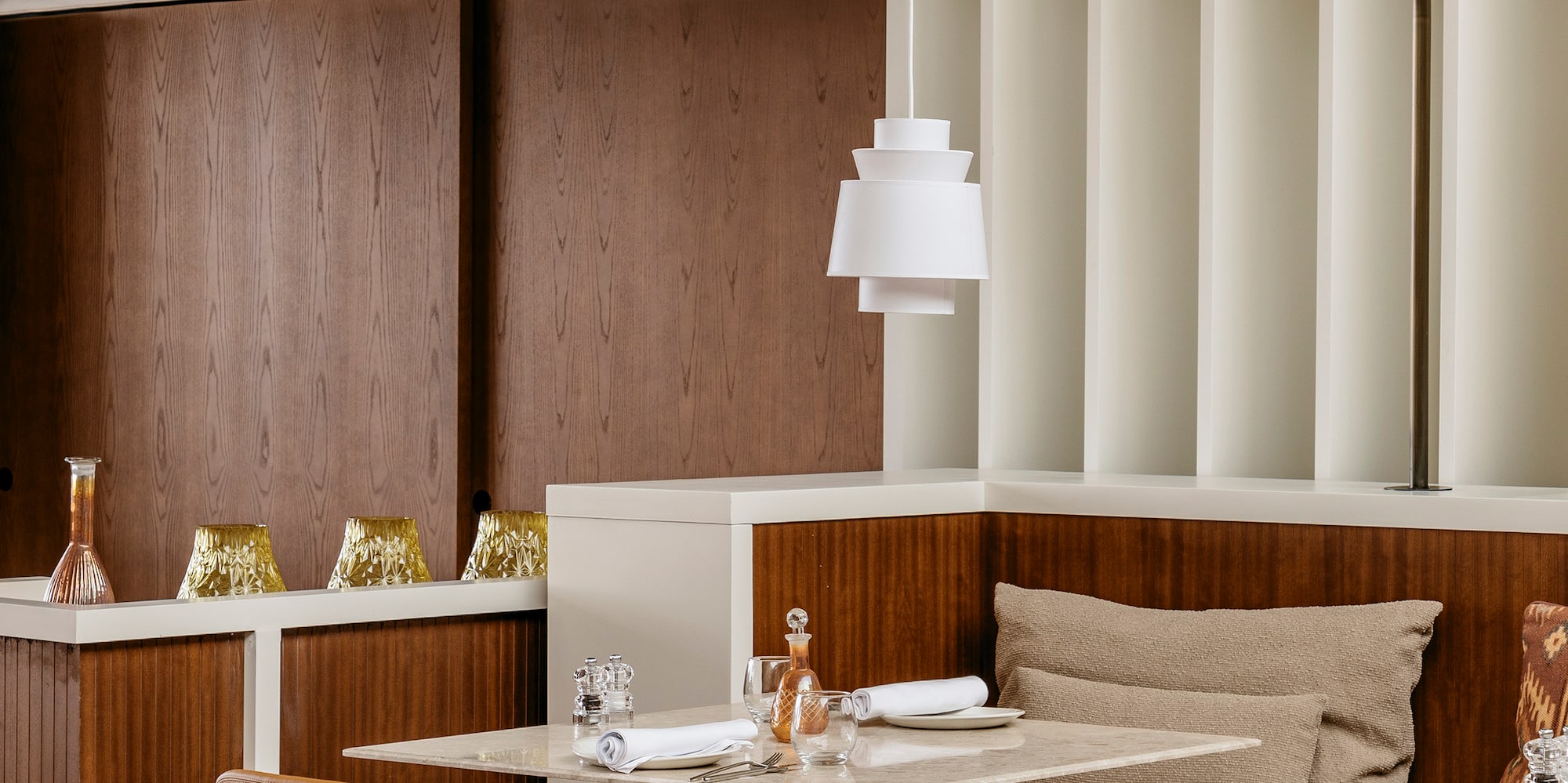 a table and chairs in a restaurant