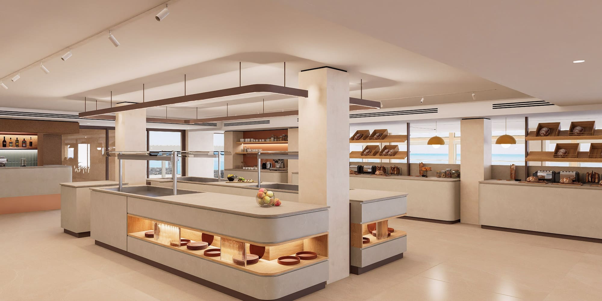 a large kitchen with shelves and food items