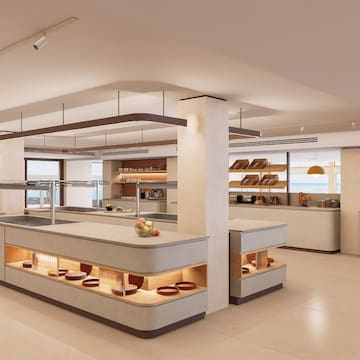 a large kitchen with shelves and food items