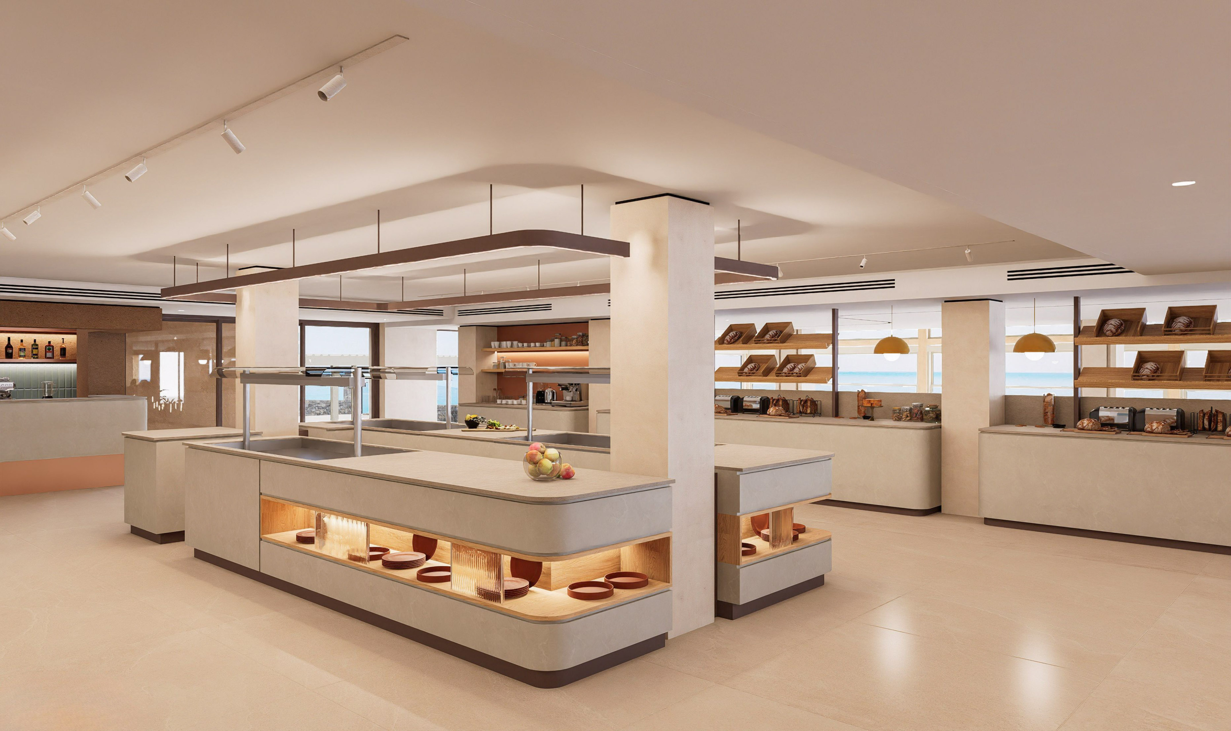 a large kitchen with shelves and food items