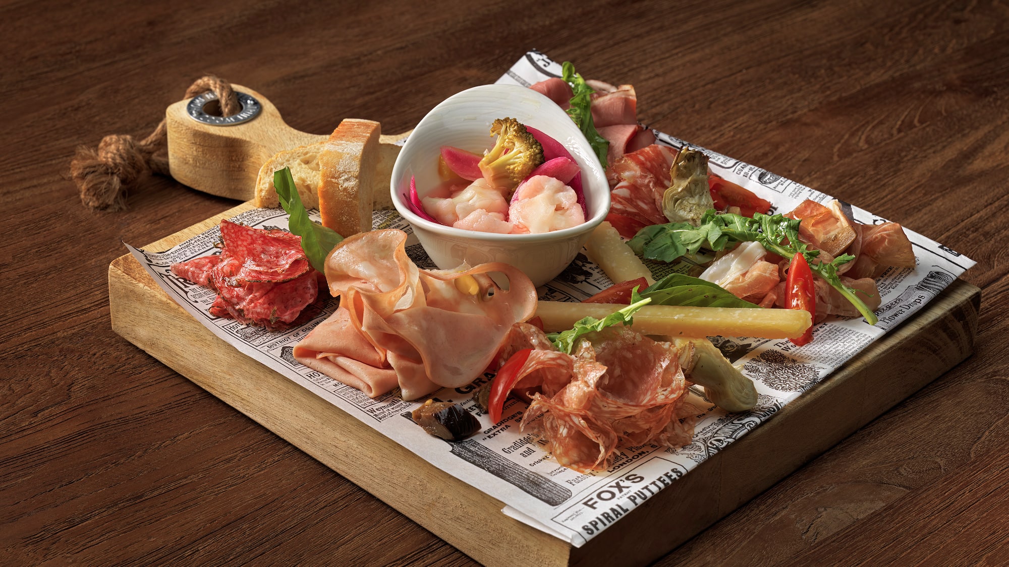 a tray of food on a wood surface