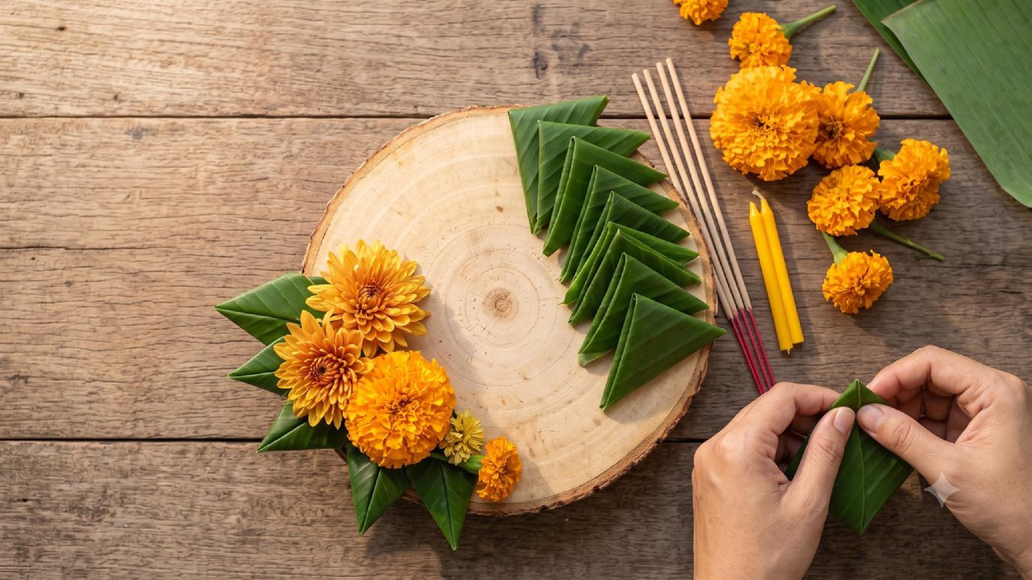 Crafting traditional offering: folded banana leaves, orange flowers, incense.
