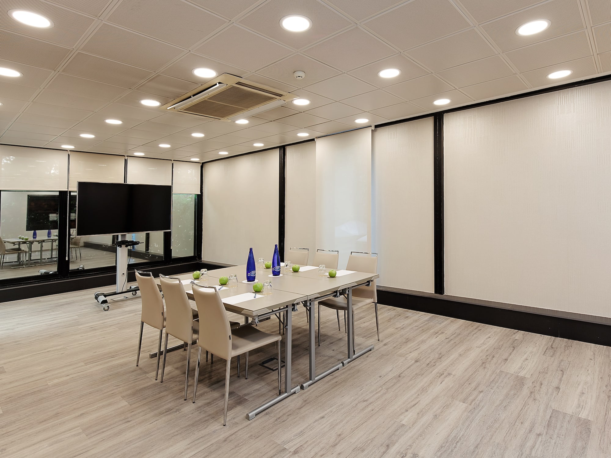 a room with a table and chairs