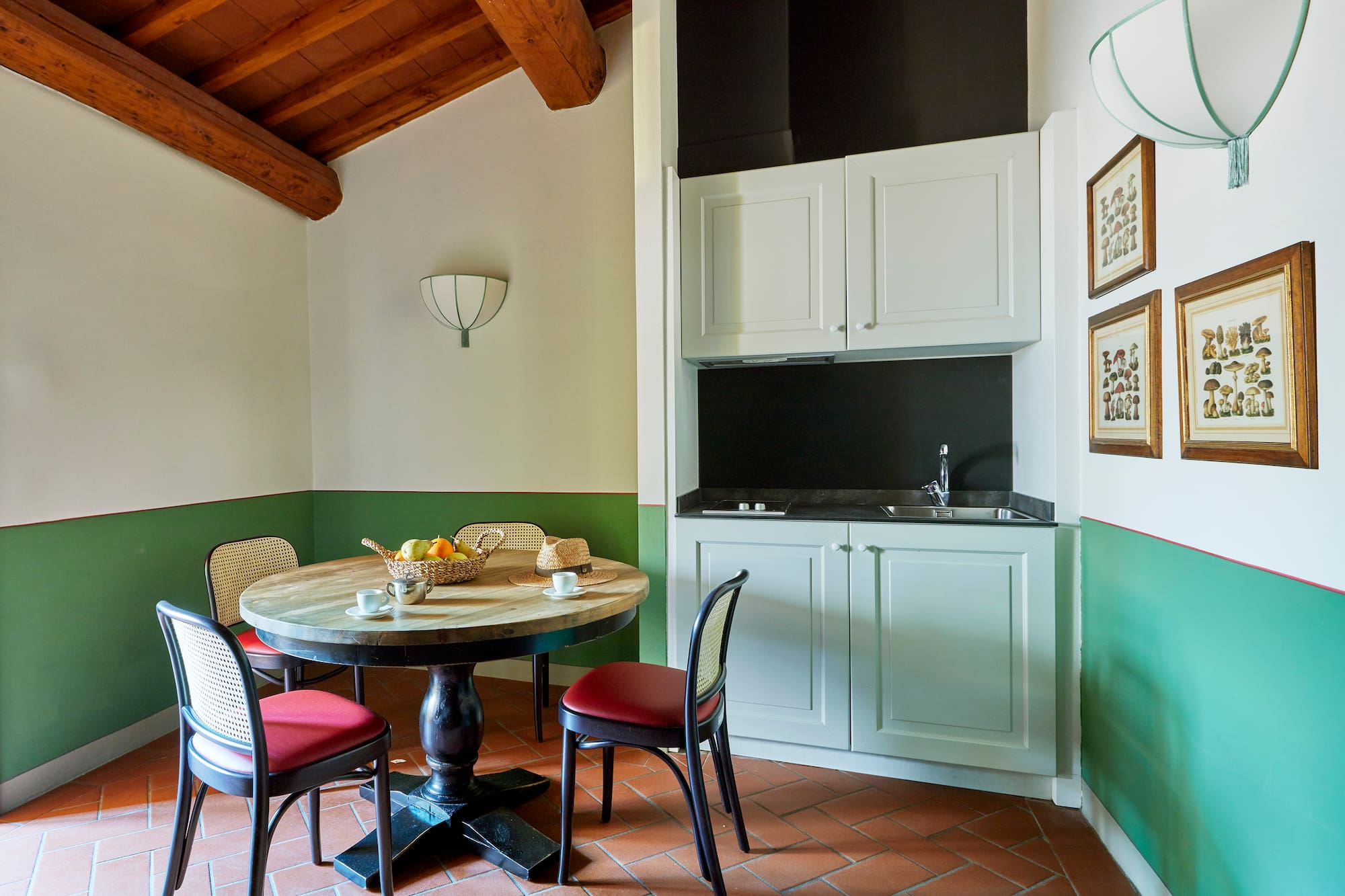 a room with a table and chairs